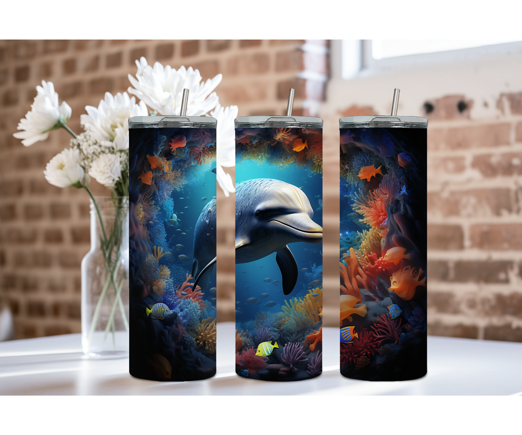 Splash of Happiness Dolphin – 20 oz Stainless-Steel Tumblers. Multiple Sizes and Images Available.