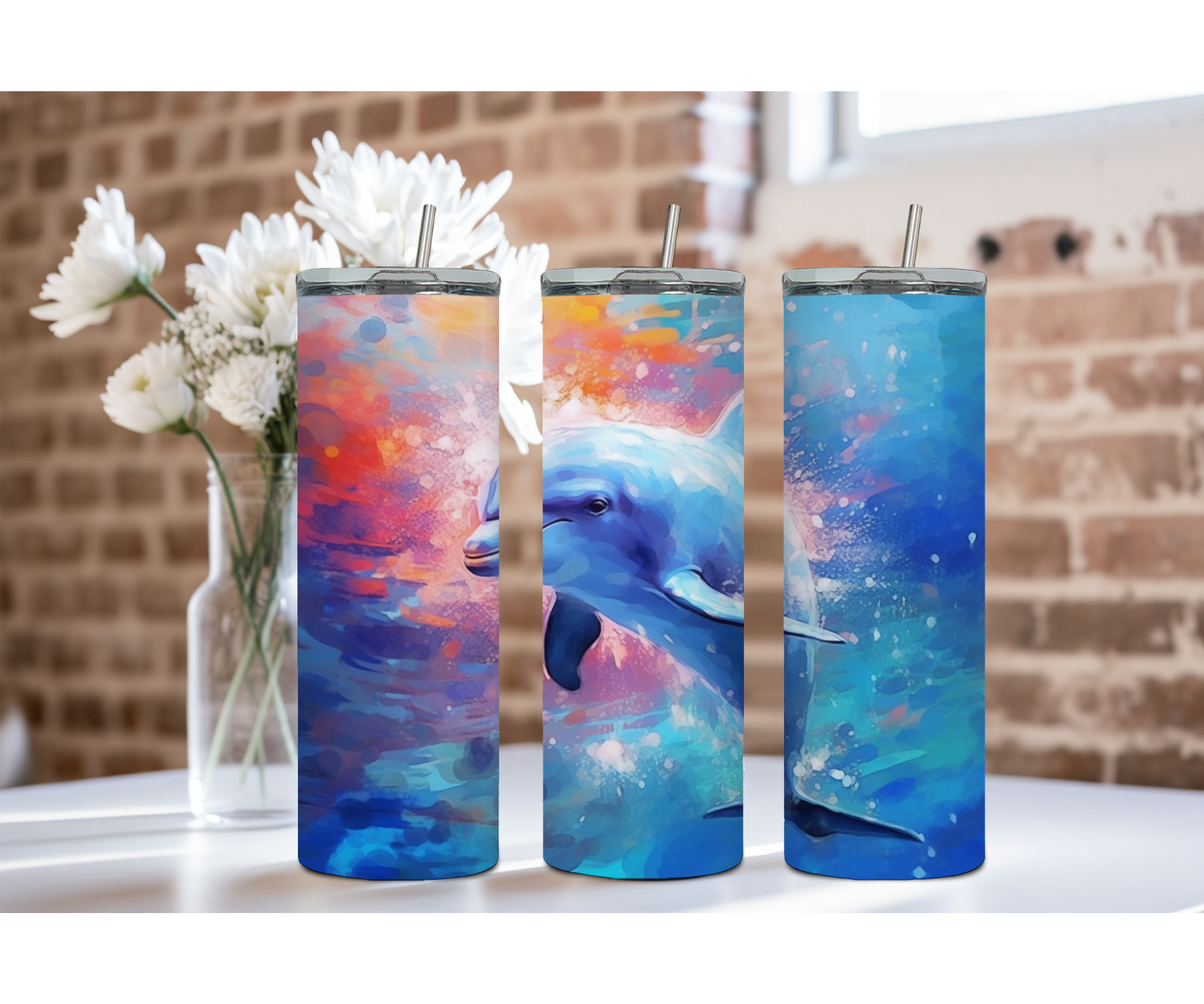 Splash of Happiness Dolphin – 20 oz Stainless-Steel Tumblers. Multiple Sizes and Images Available.