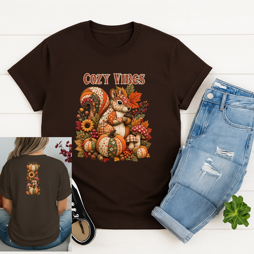 Cozy Vibes Squirrel Tee | Front & Back Fall Graphic T-Shirt