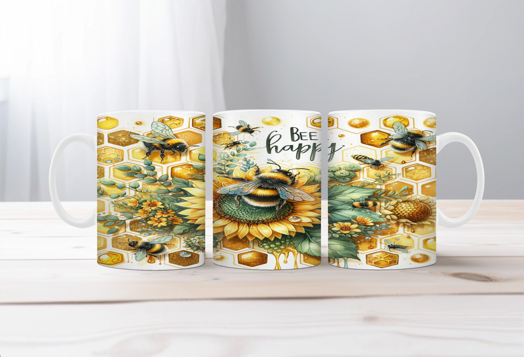 Buzzing Into the Day Honeybee Coffee Mugs. Two size options. Multiple images to choose.