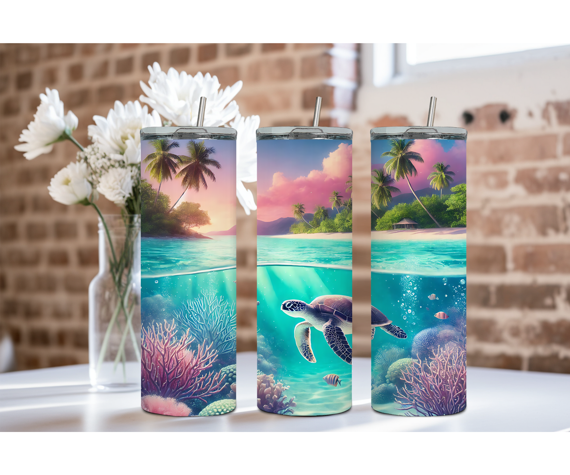 20 oz sip and surf Sea turtle Tumblers, Multiple images to choose from, with or without handle and speakers.