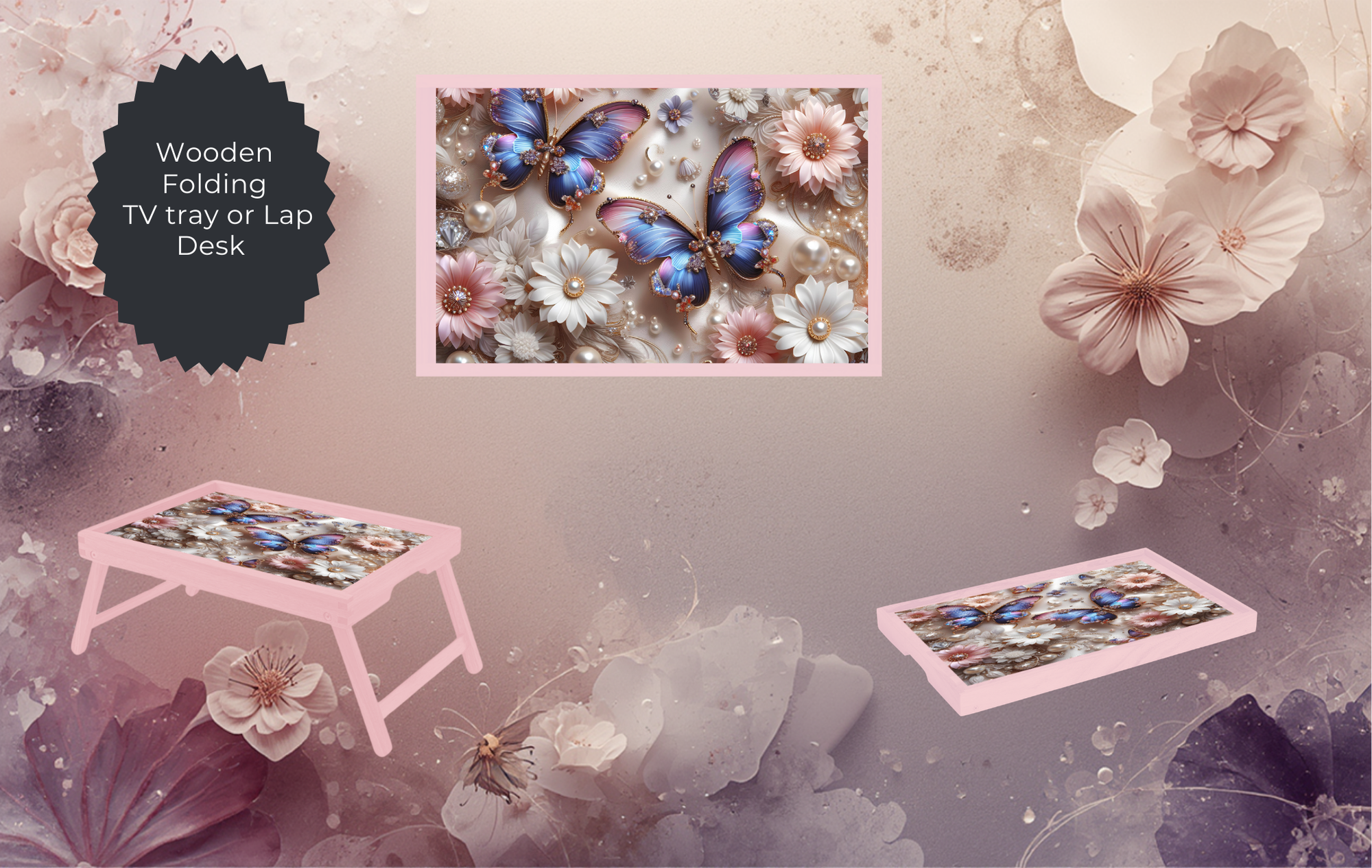 Butterfly Folding TV Trays - Handcrafted Wooden Serving Trays with Glitter