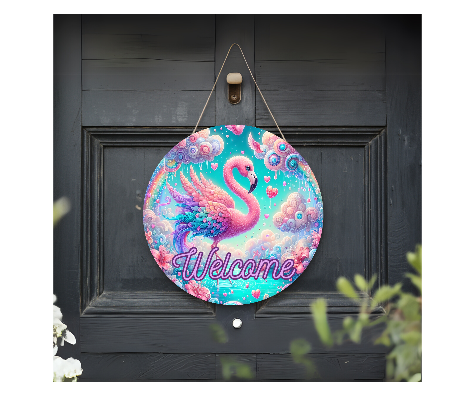 Home of the Flock Flamingo Door Signs, Multiple images options.