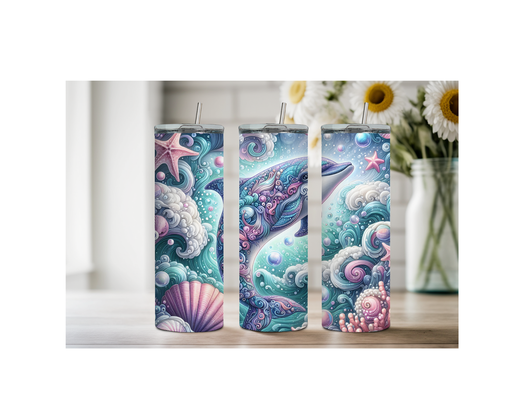 Splash of Happiness Dolphin – 20 oz Stainless-Steel Tumblers. Multiple Sizes and Images Available.