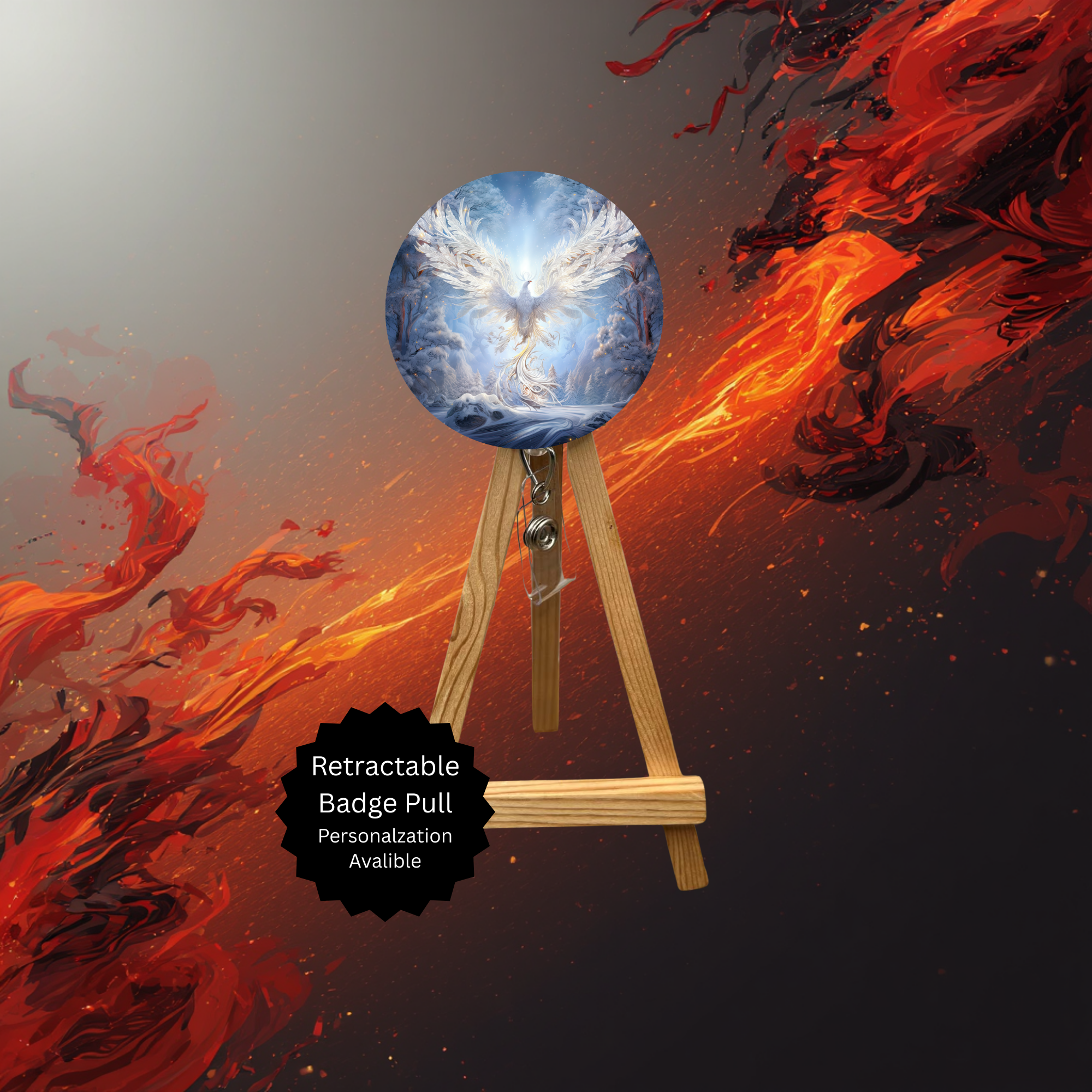 Phoenix Badge Pulls - Mythical Fire Bird ID Holder with Beads & Glitter Options