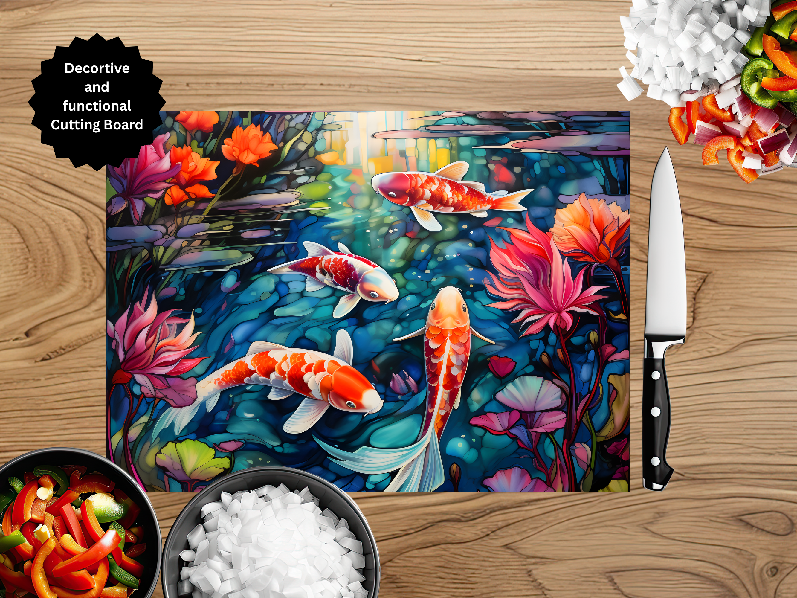 Koi Fish Glass Cutting Board - Tempered Glass Kitchen Board