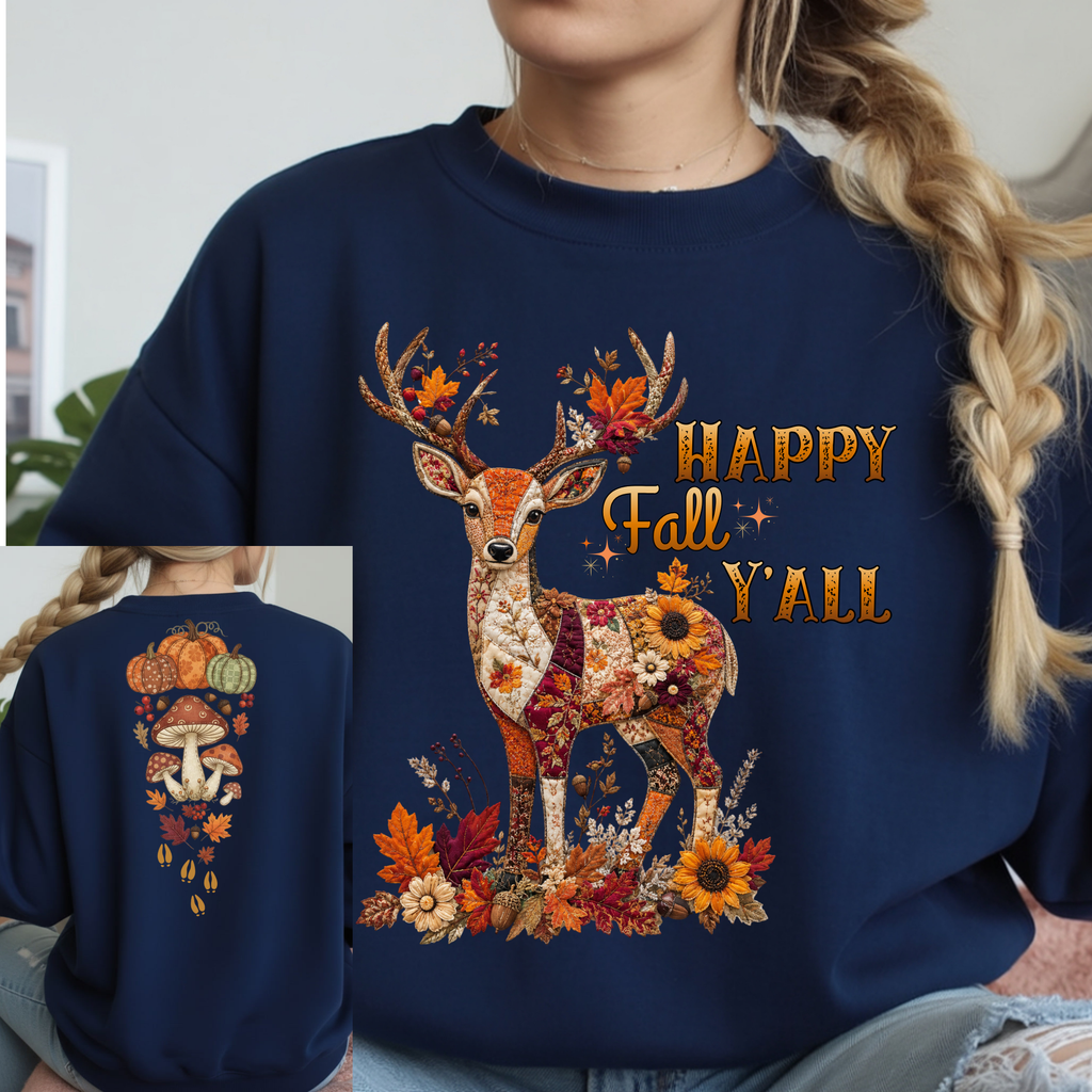 Fall Deer Patchwork Front and Back Long Sleeve Tee