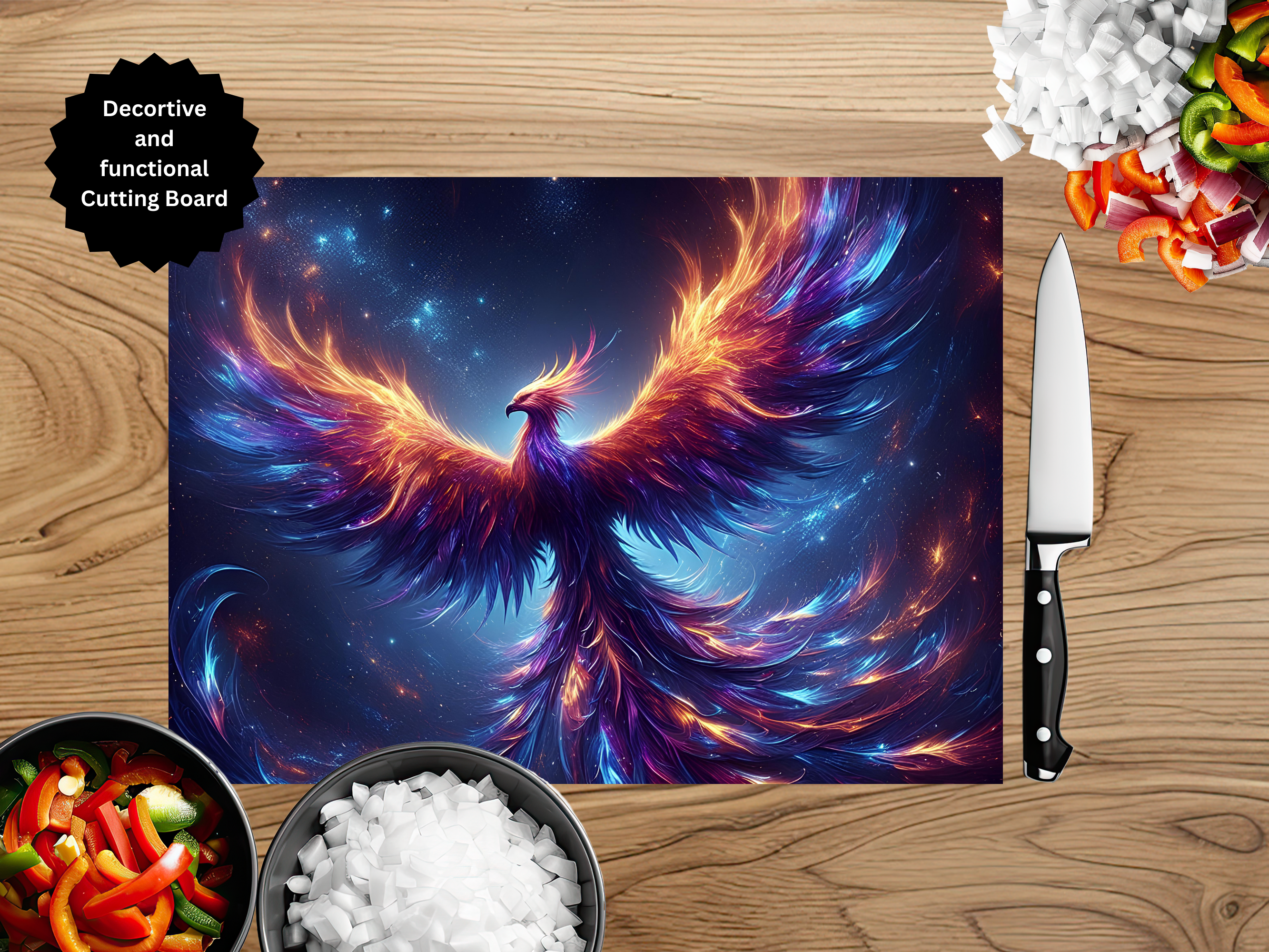 Phoenix Glass Cutting Board - Tempered Glass Kitchen Board with Fire Bird Design