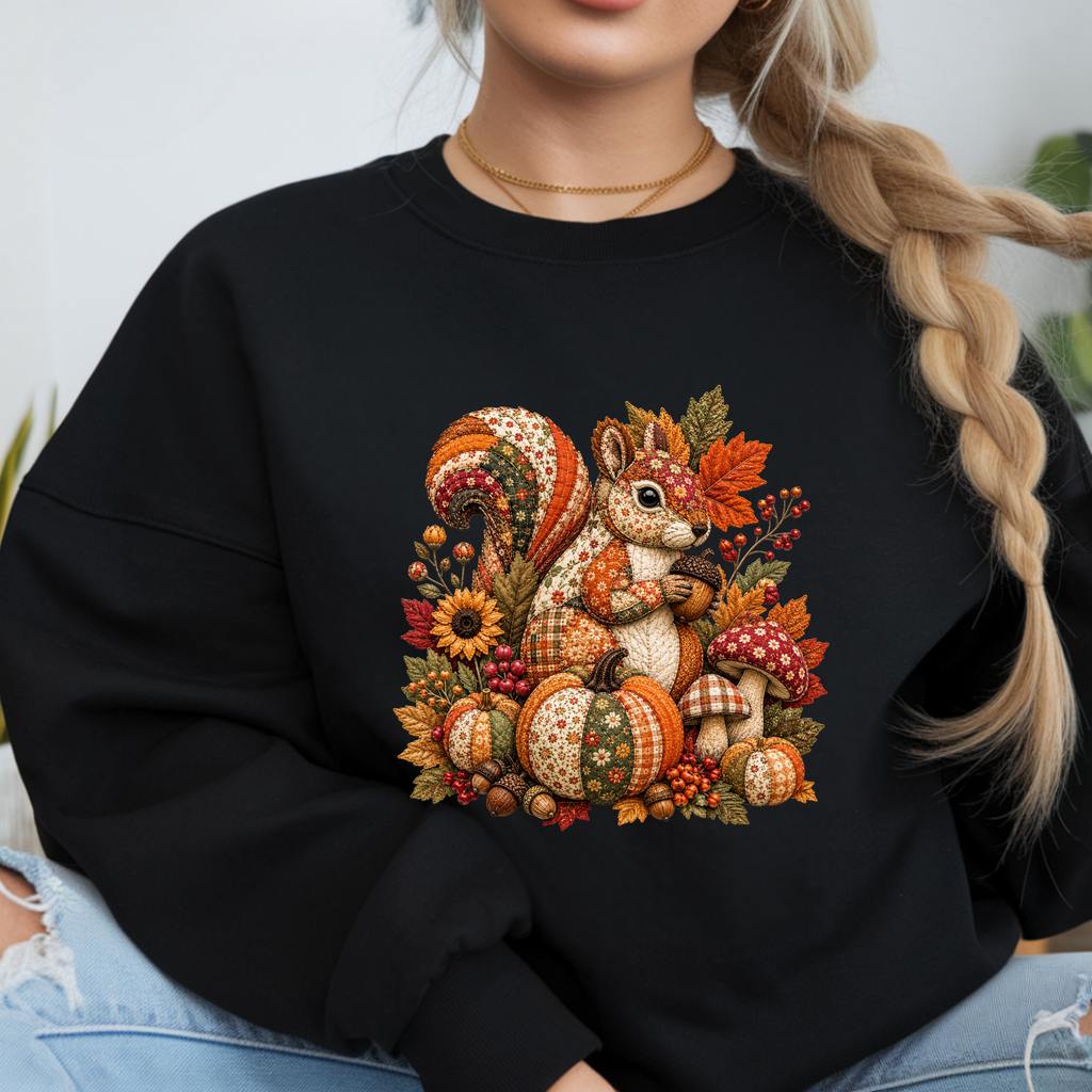 Cozy Vibes Patchwork Squirrel Sweatshirt | Fleece Crew