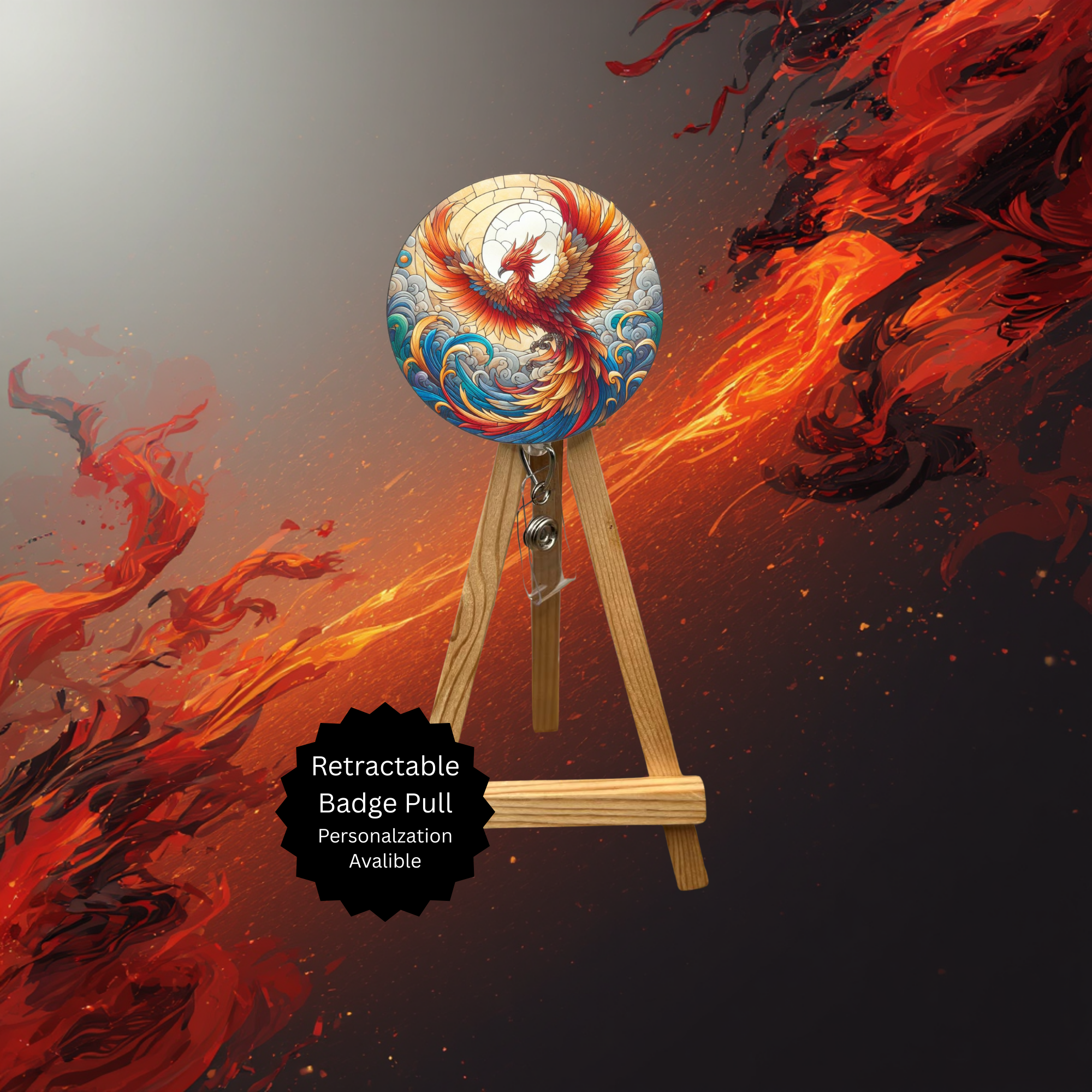 Phoenix Badge Pulls - Mythical Fire Bird ID Holder with Beads & Glitter Options