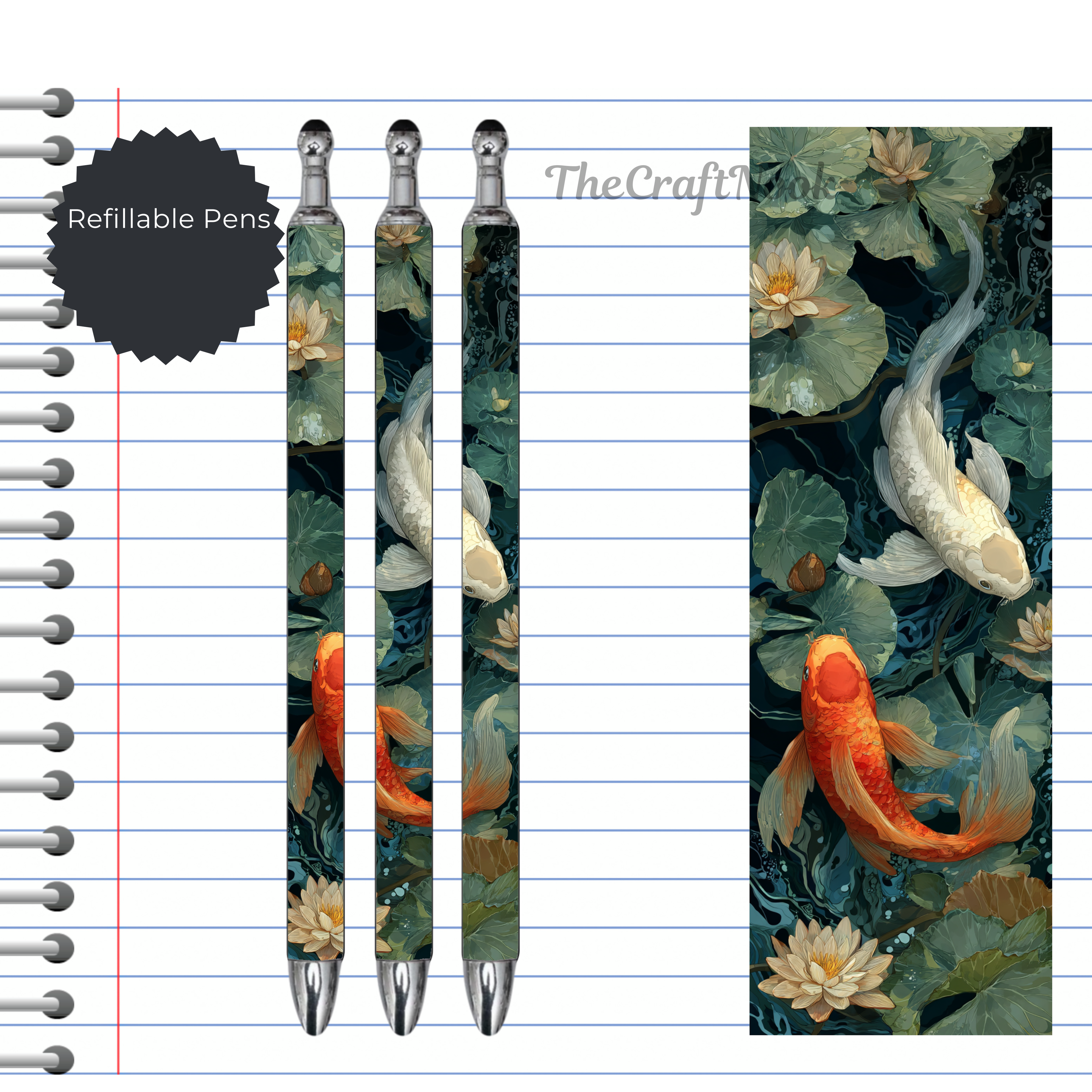 Koi Fish Refillable Pens, multiple options and Images available.
