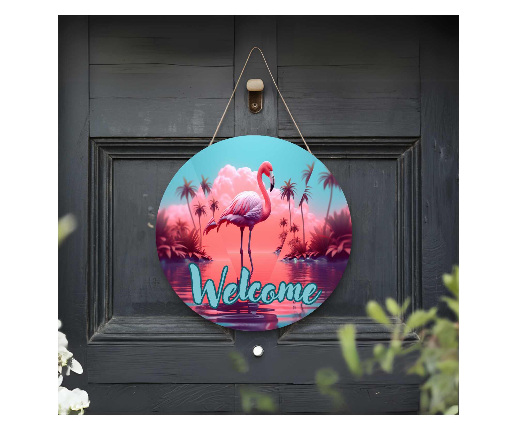 Home of the Flock Flamingo Door Signs, Multiple images options.
