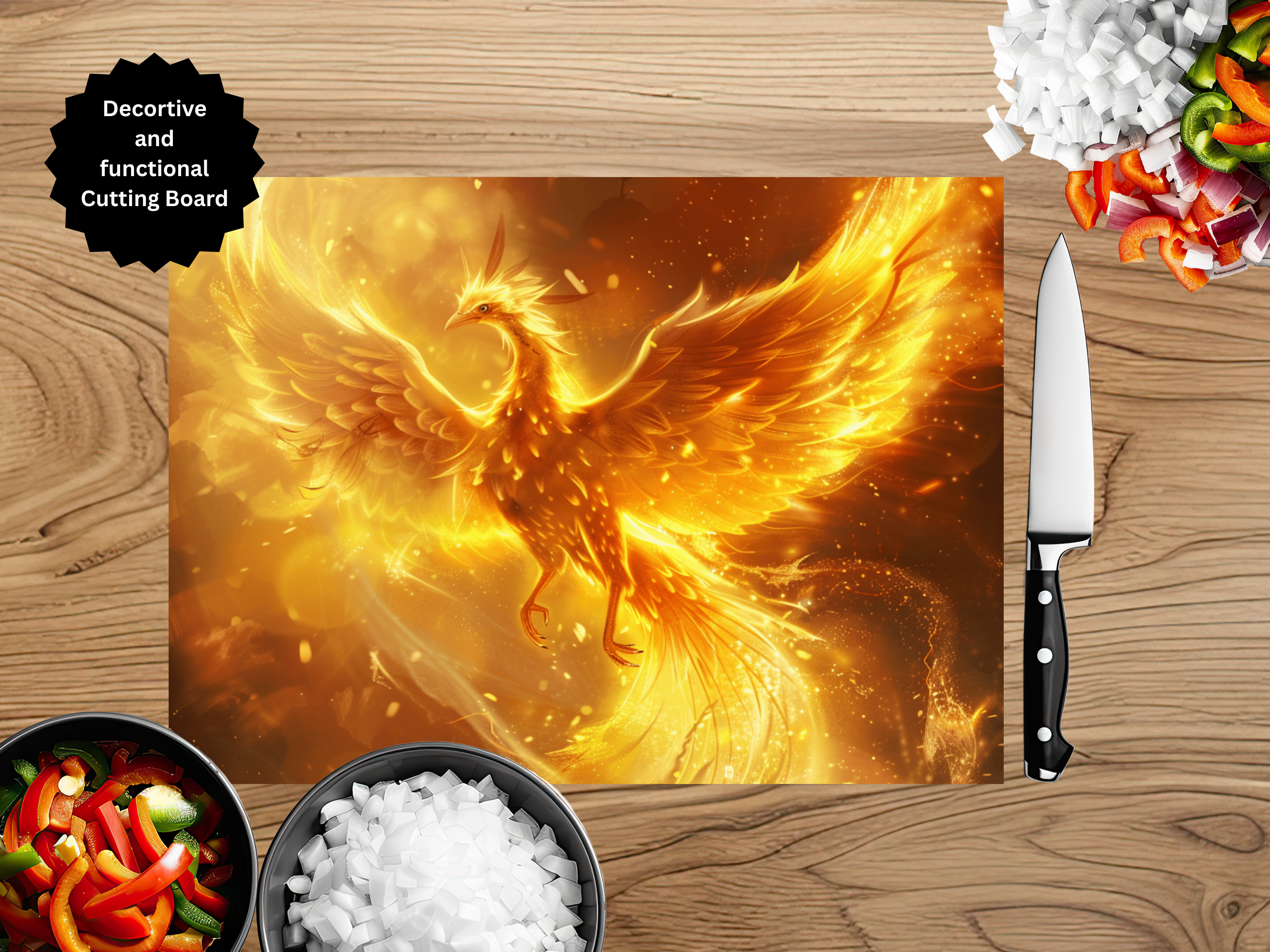 Phoenix Glass Cutting Board - Tempered Glass Kitchen Board with Fire Bird Design
