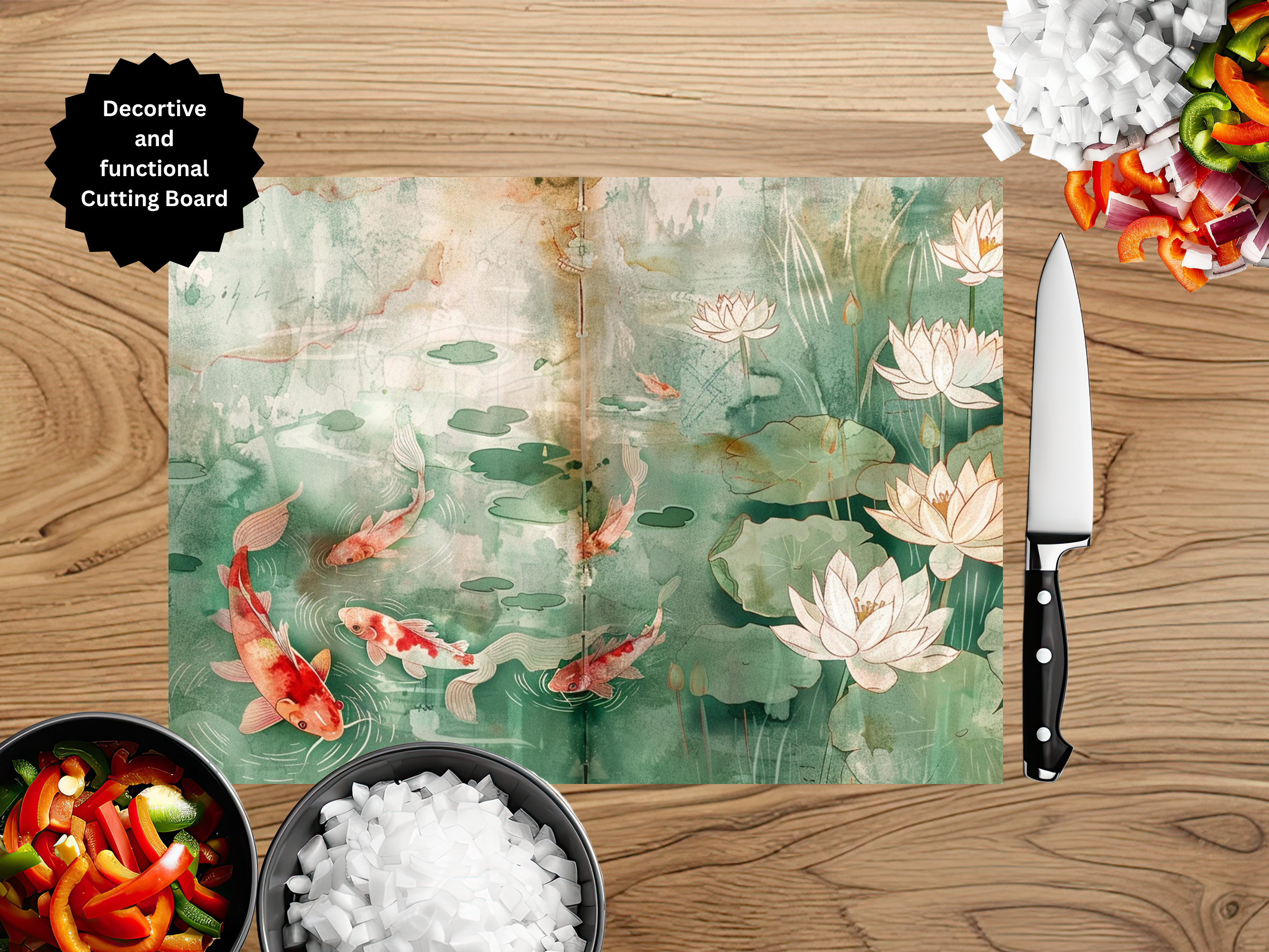 Koi Fish Glass Cutting Board - Tempered Glass Kitchen Board