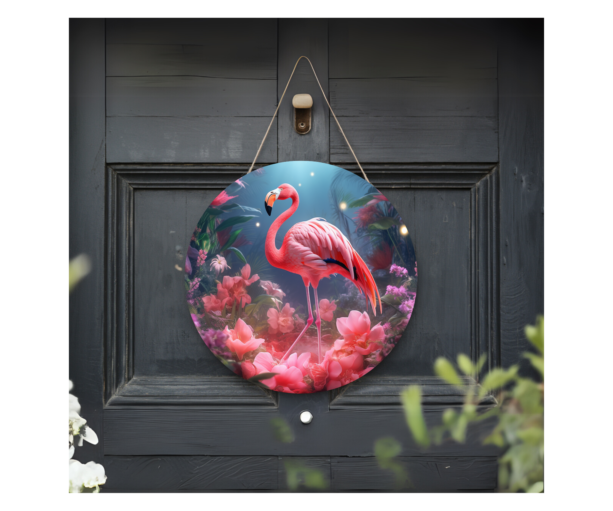 Home of the Flock Flamingo Door Signs, Multiple images options.