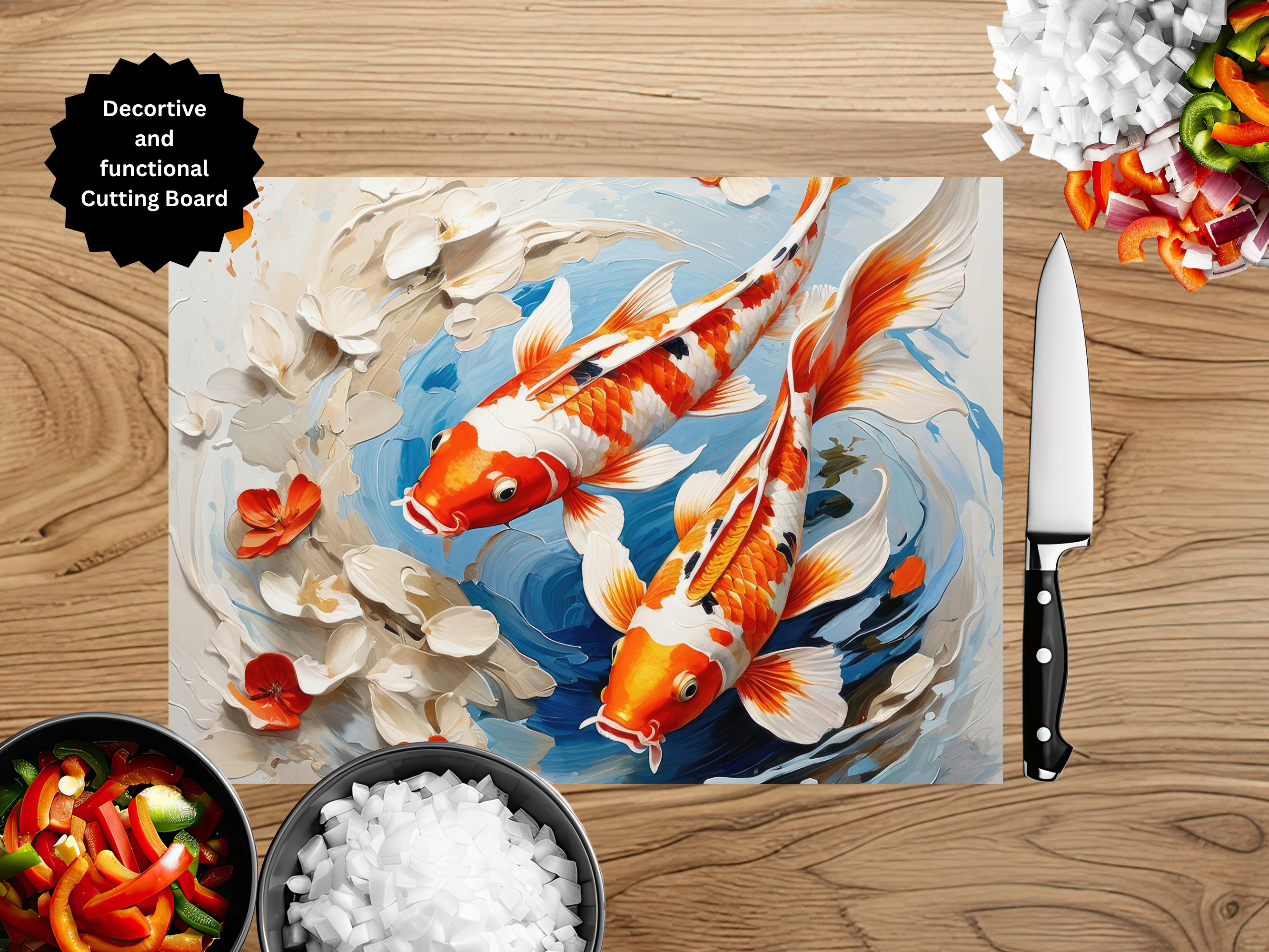 Koi Fish Glass Cutting Board - Tempered Glass Kitchen Board