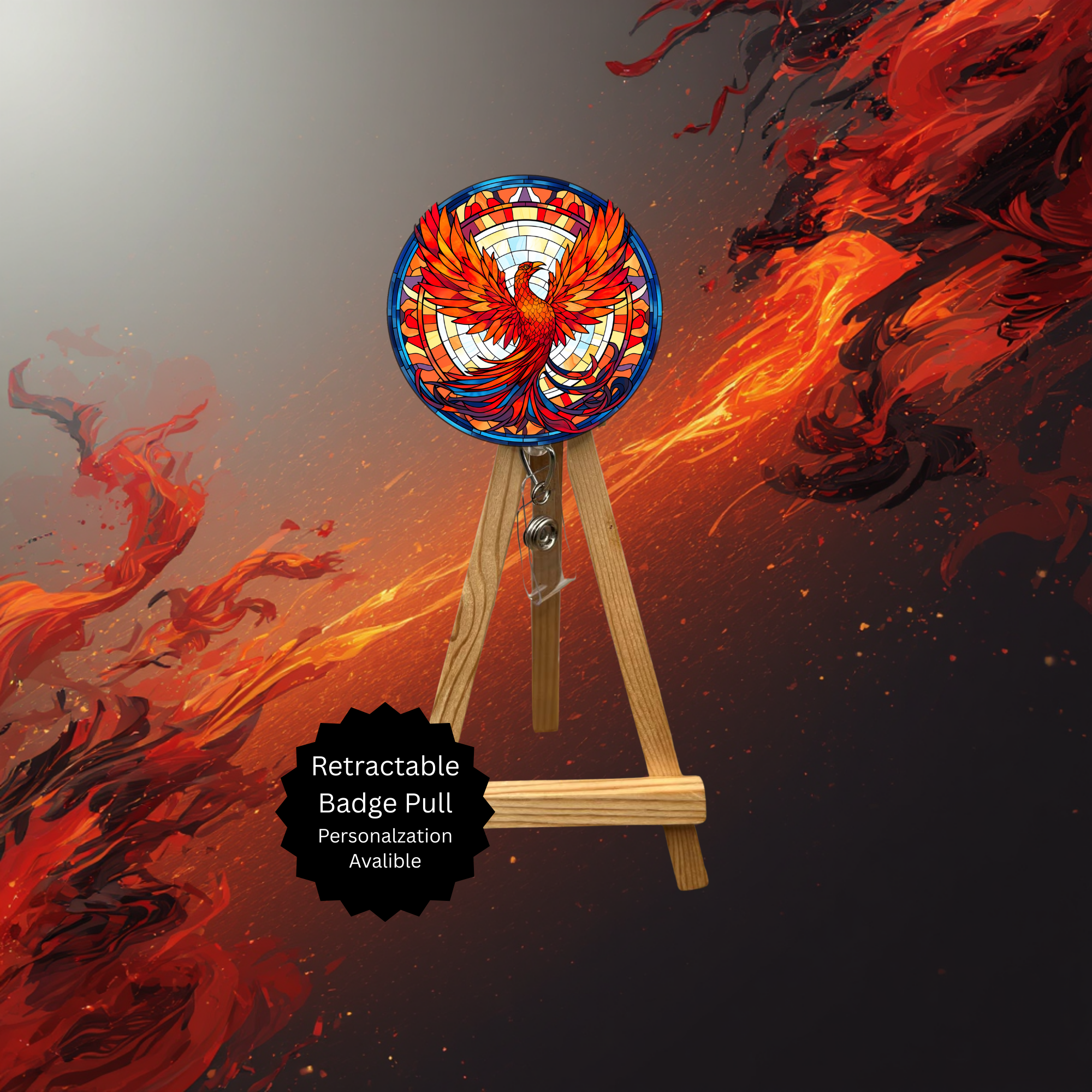 Phoenix Badge Pulls - Mythical Fire Bird ID Holder with Beads & Glitter Options