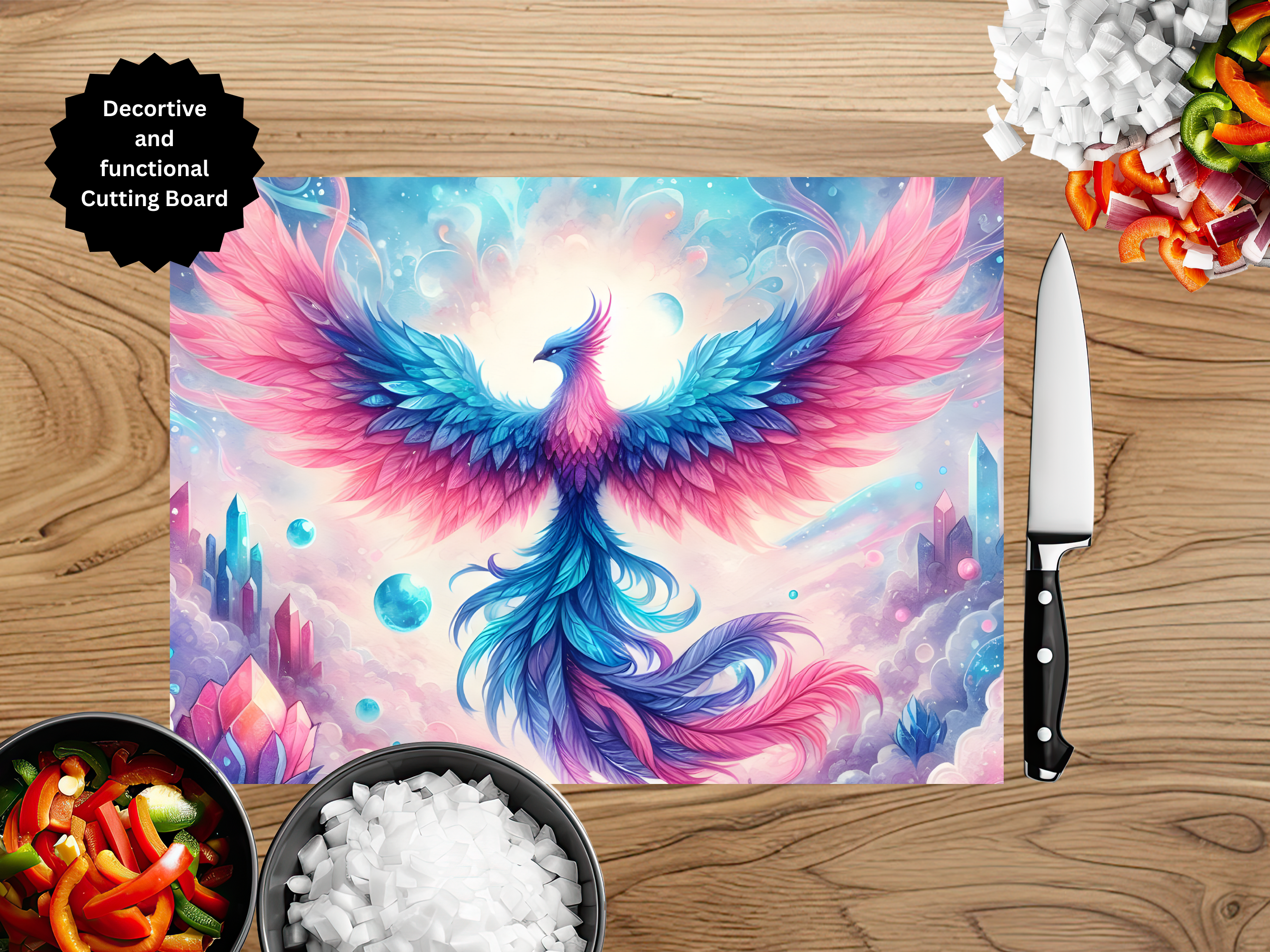 Phoenix Glass Cutting Board - Tempered Glass Kitchen Board with Fire Bird Design