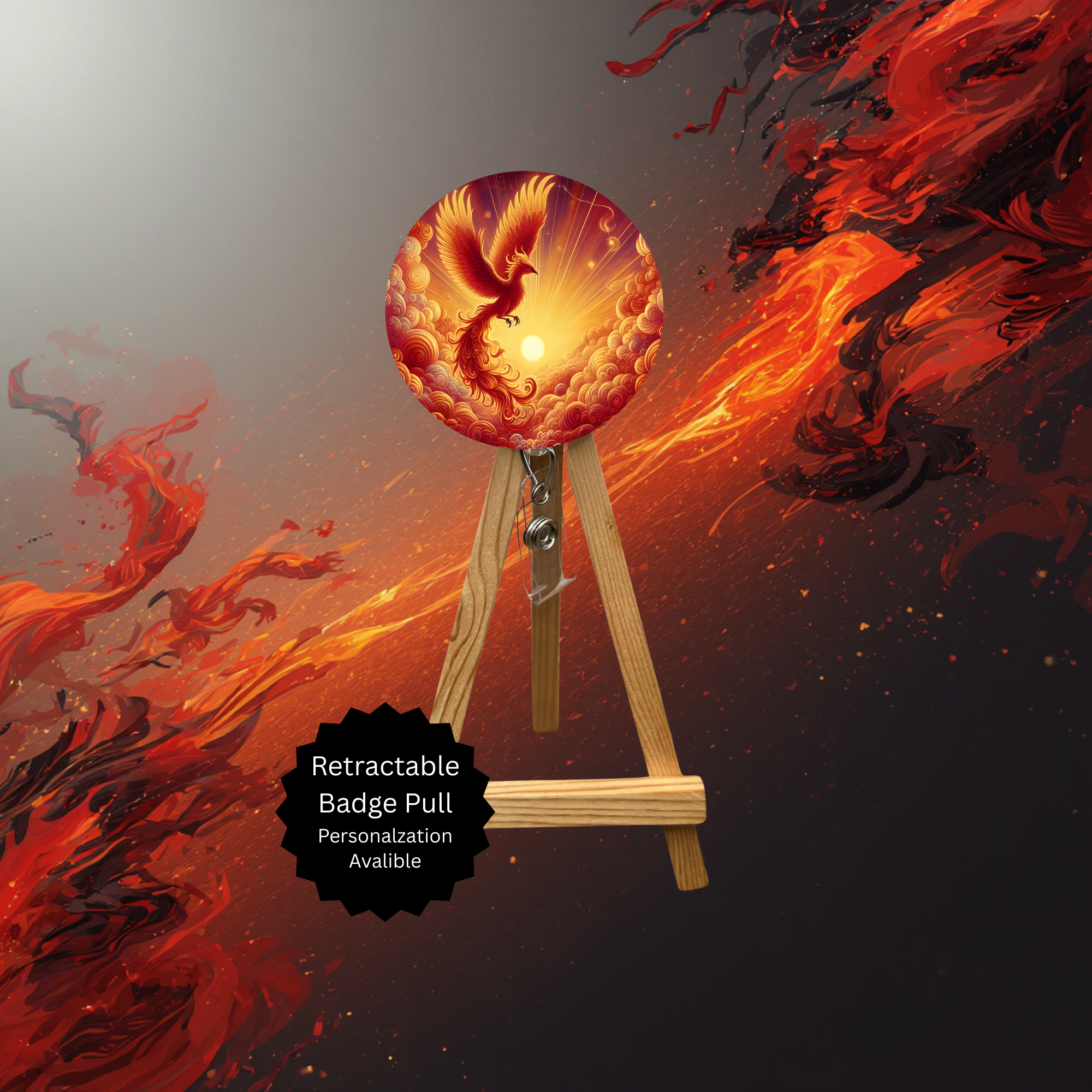 Phoenix Badge Pulls - Mythical Fire Bird ID Holder with Beads & Glitter Options