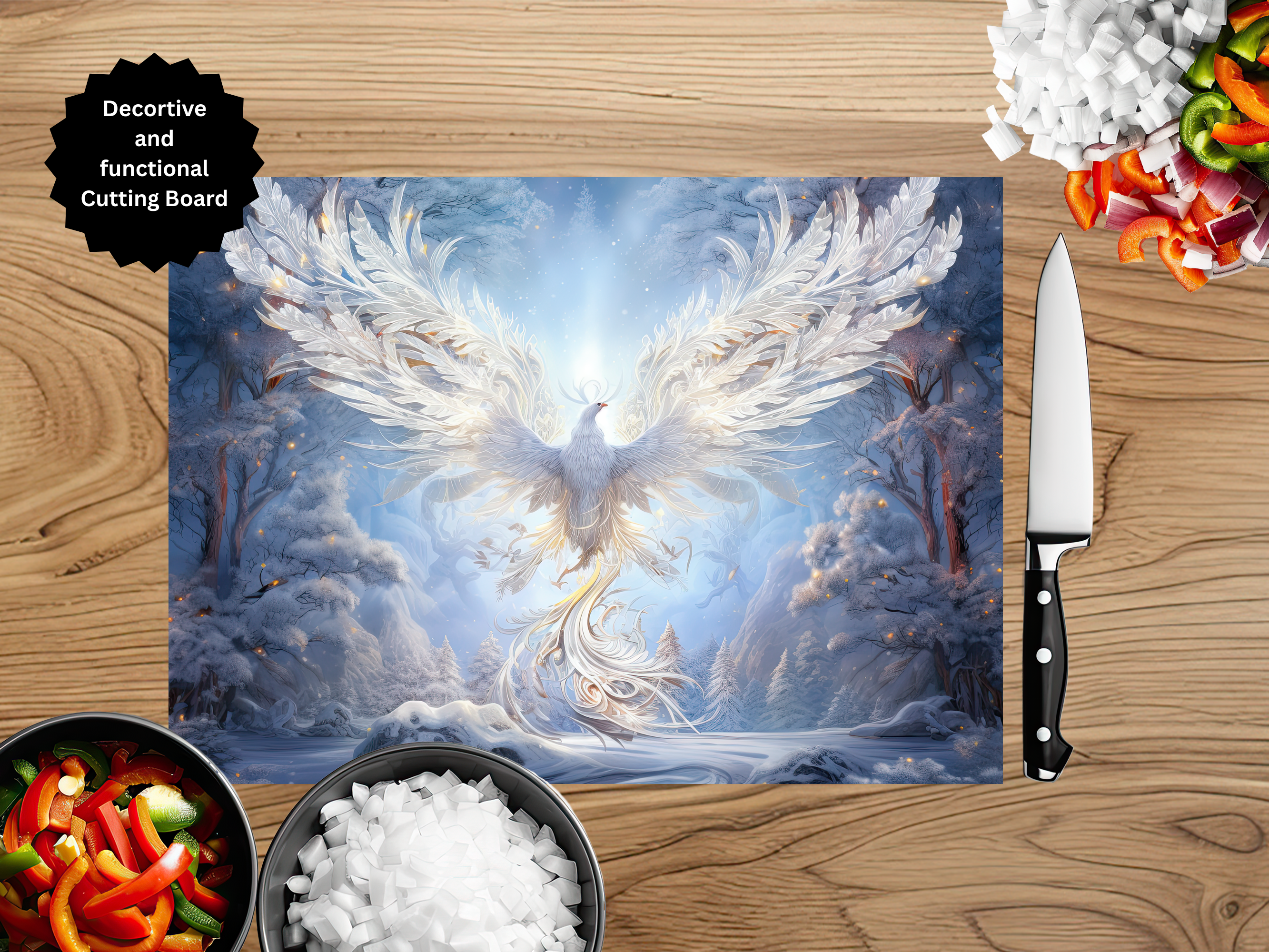 Phoenix Glass Cutting Board - Tempered Glass Kitchen Board with Fire Bird Design