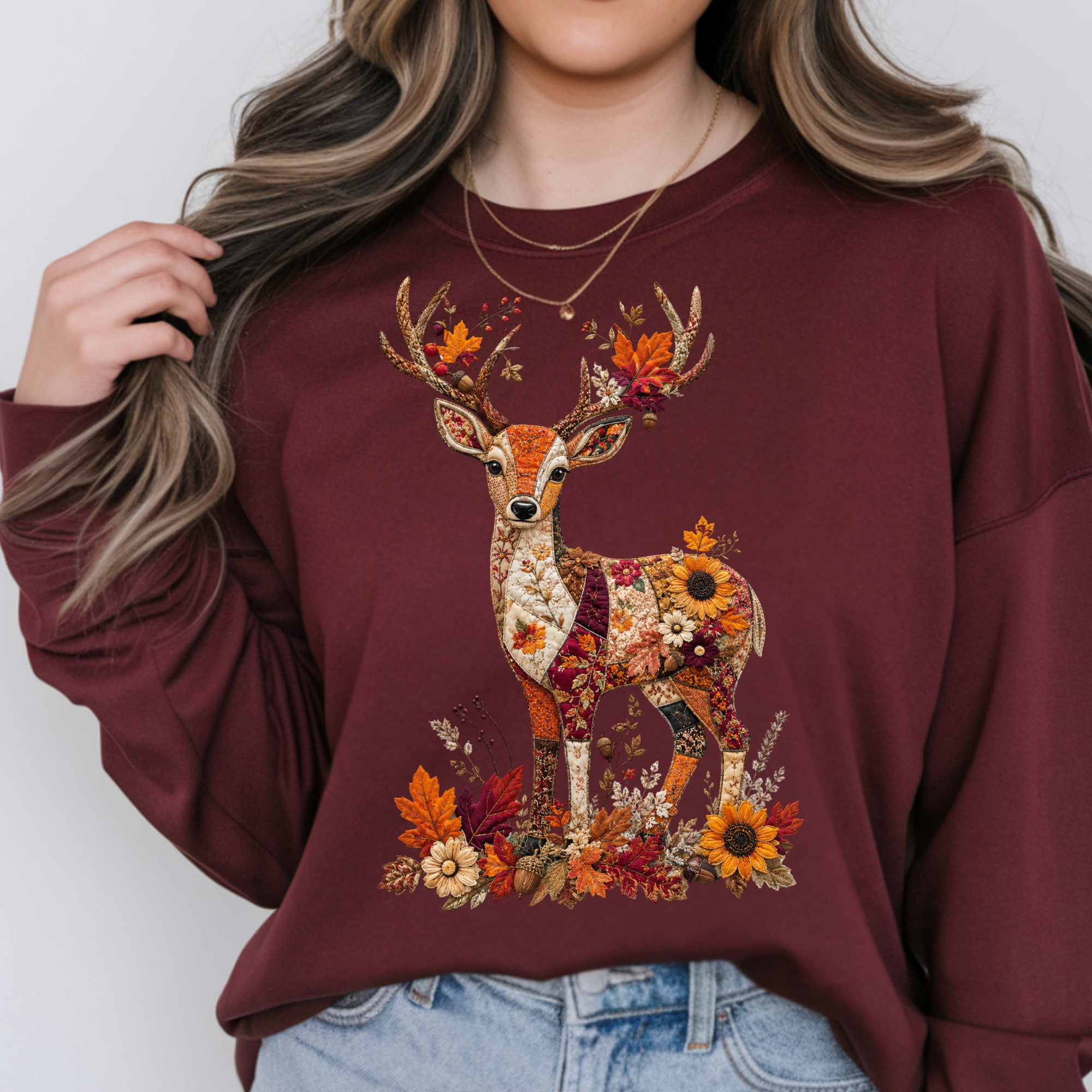 Fall Deer Patchwork Long Sleeve Tee