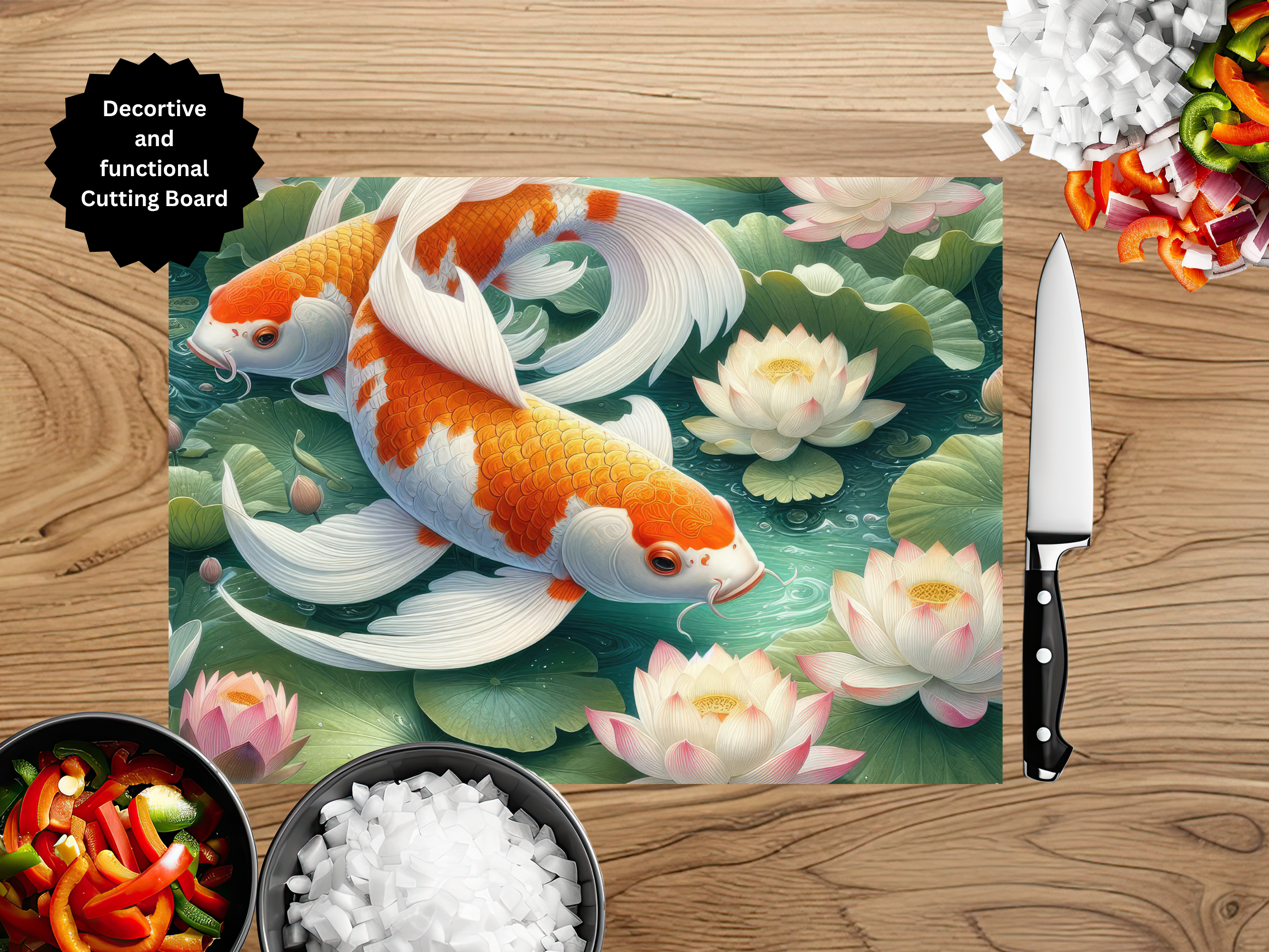 Koi Fish Glass Cutting Board - Tempered Glass Kitchen Board