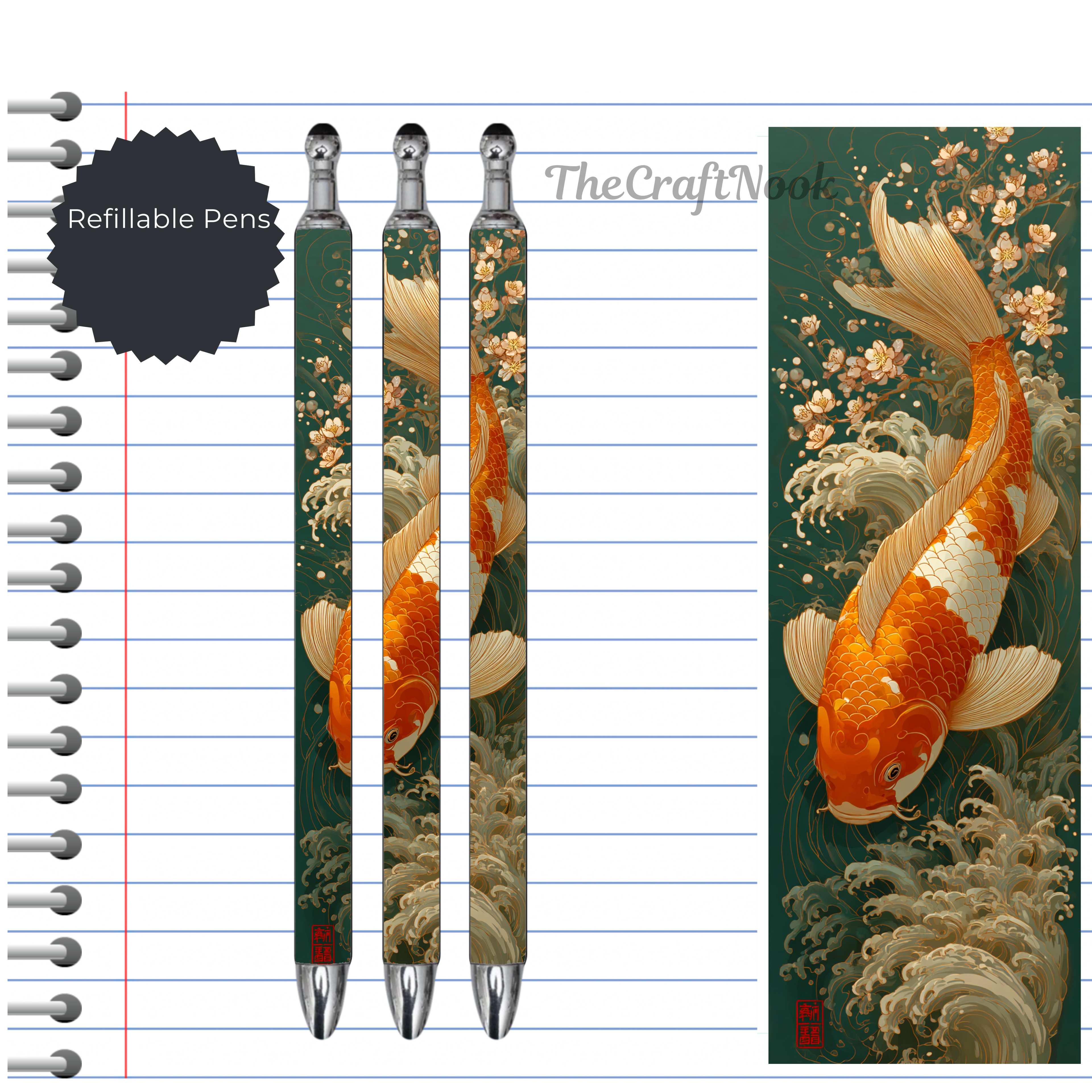 Koi Fish Refillable Pens, multiple options and Images available.