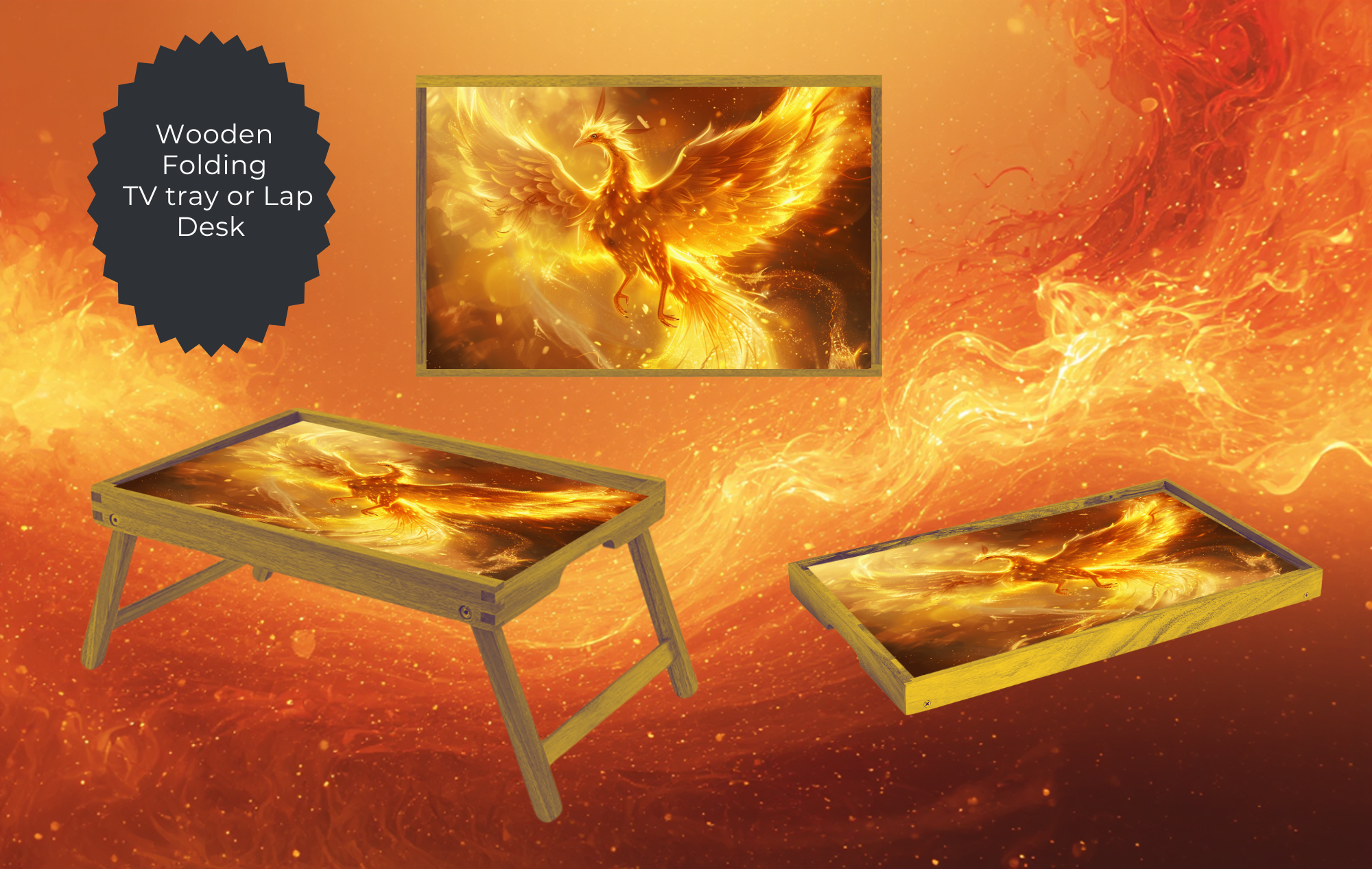 Phoenix Folding TV Tray Table - Fire Bird Wooden Lap Desk & Bed Tray