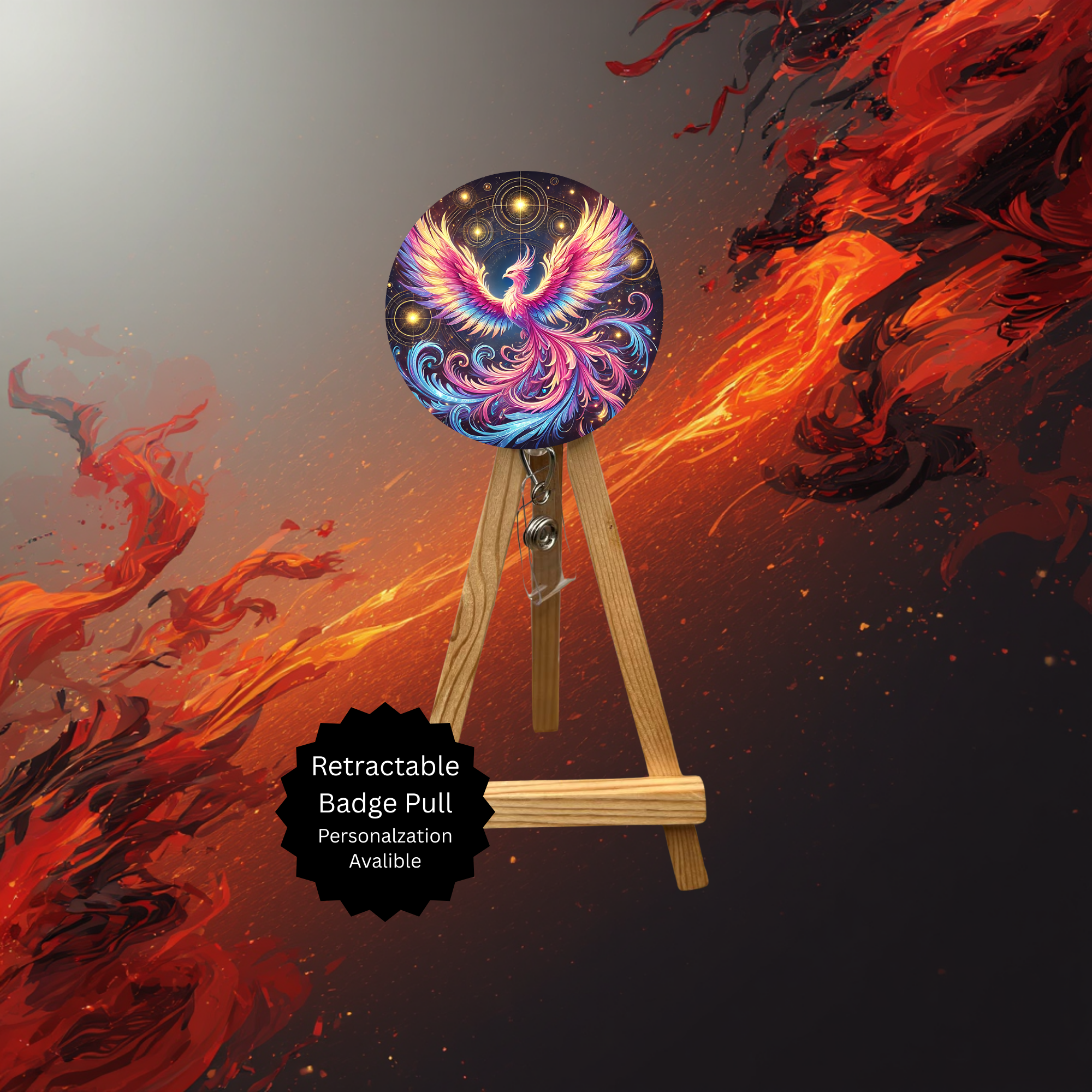 Phoenix Badge Pulls - Mythical Fire Bird ID Holder with Beads & Glitter Options