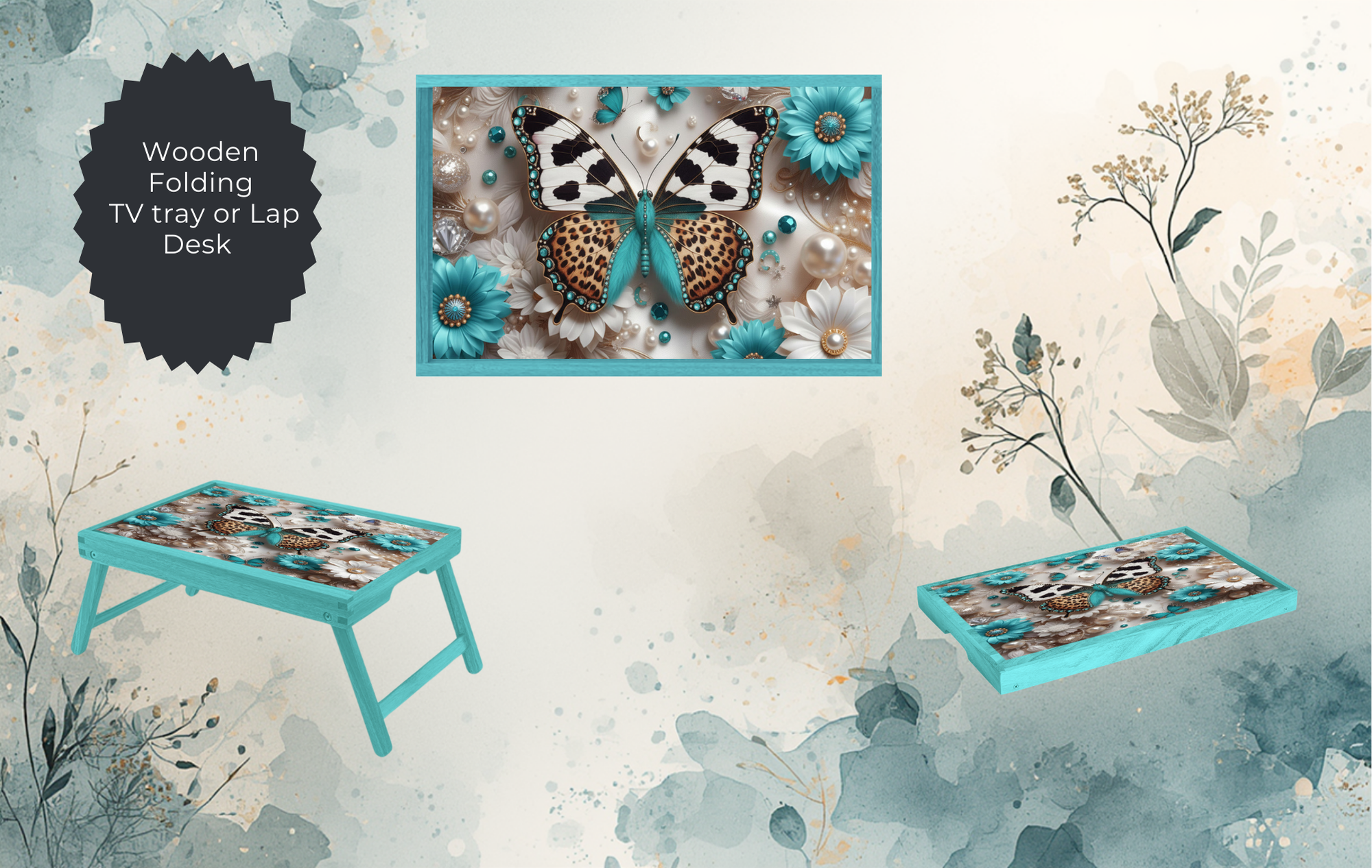 Butterfly Folding TV Trays - Handcrafted Wooden Serving Trays with Glitter