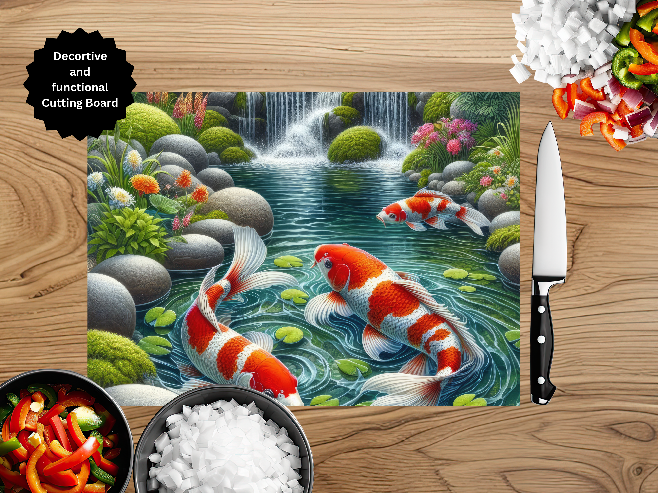 Koi Fish Glass Cutting Board - Tempered Glass Kitchen Board