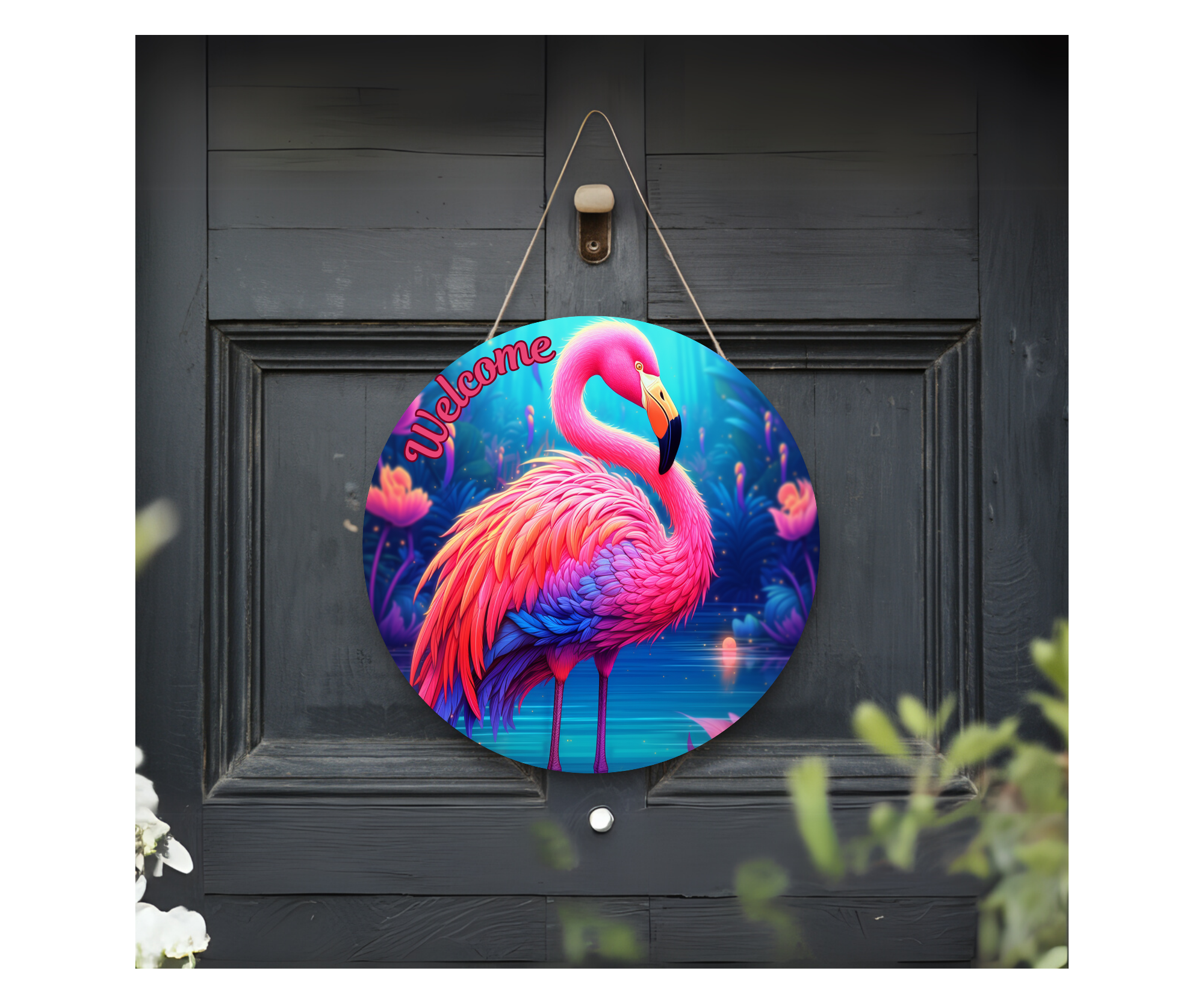 Home of the Flock Flamingo Door Signs, Multiple images options.