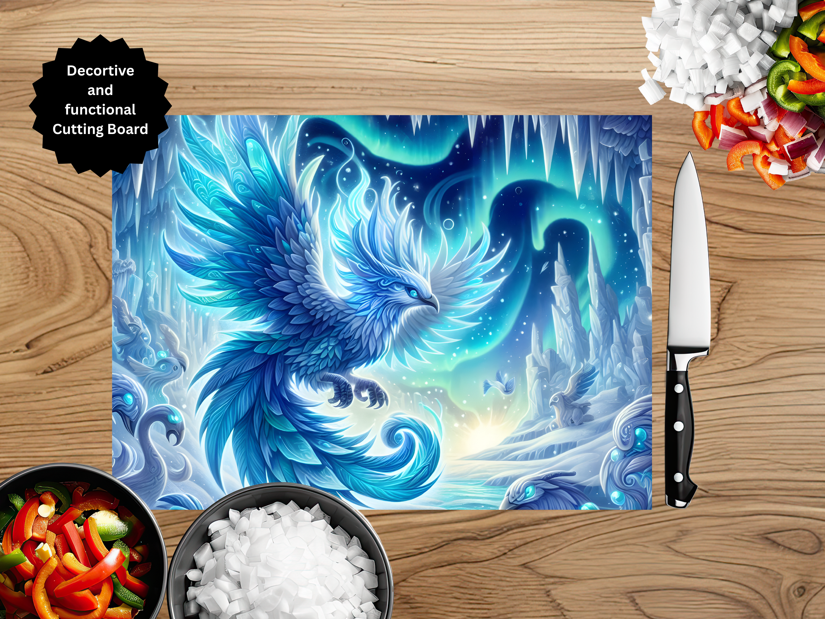 Phoenix Glass Cutting Board - Tempered Glass Kitchen Board with Fire Bird Design