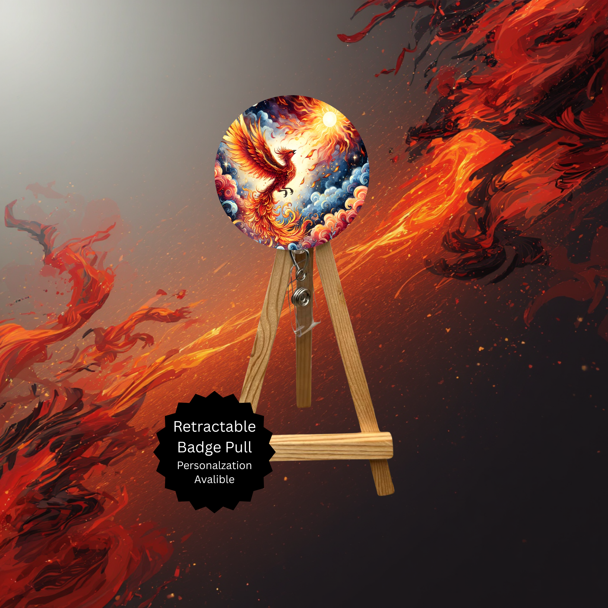 Phoenix Badge Pulls - Mythical Fire Bird ID Holder with Beads & Glitter Options