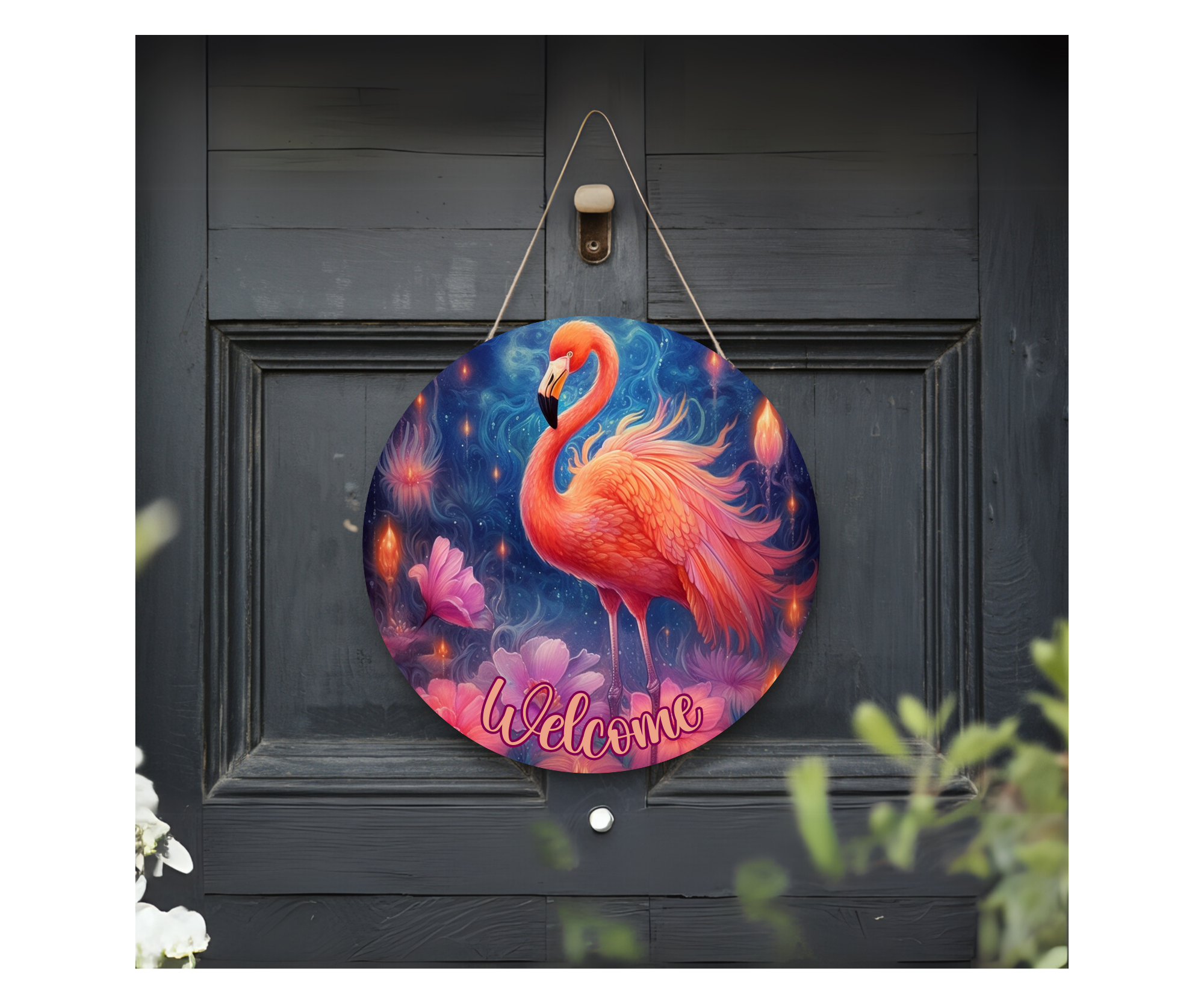 Home of the Flock Flamingo Door Signs, Multiple images options.