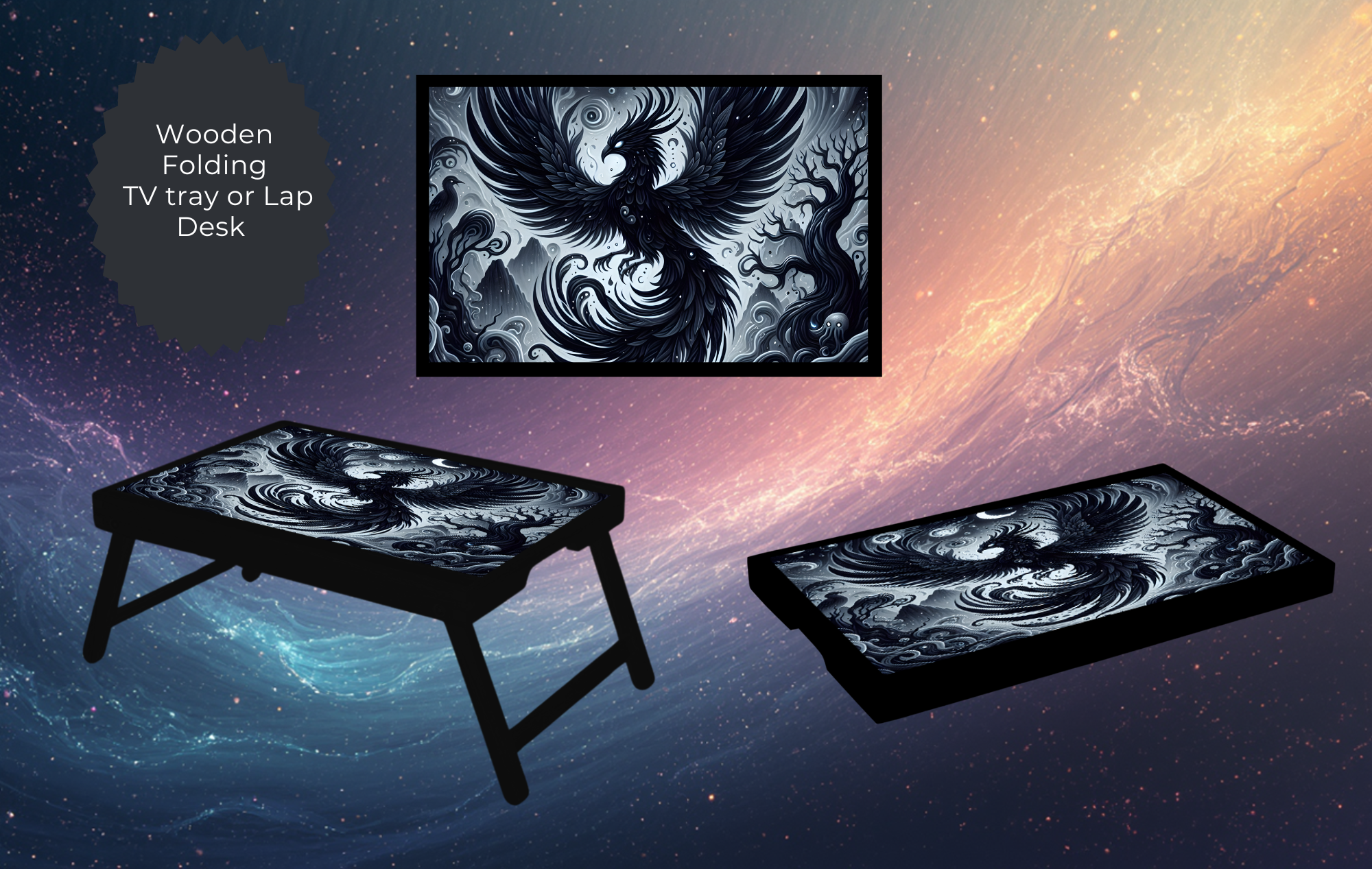 Phoenix Folding TV Tray Table - Fire Bird Wooden Lap Desk & Bed Tray