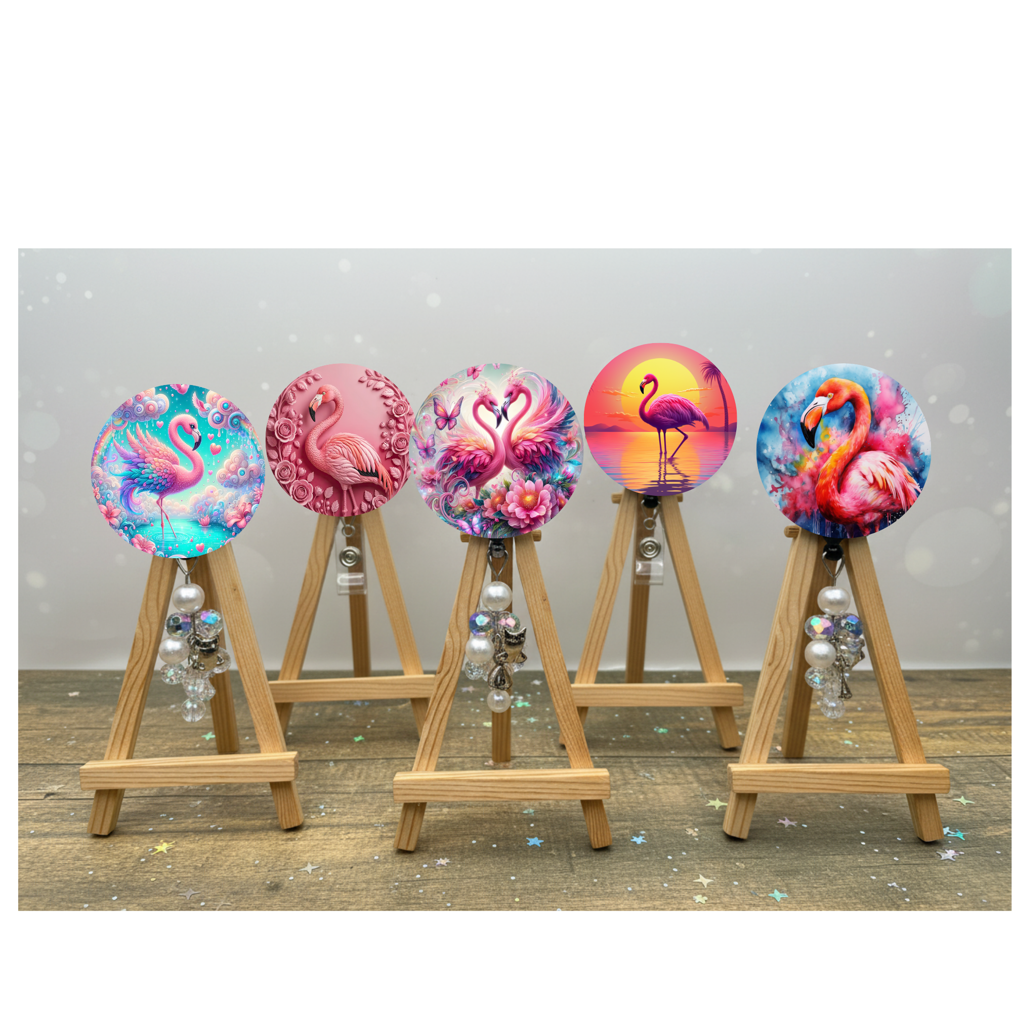 Pink Paradise Flamingo badge pulls. Multiple Images available. Add beads or shimmer glitter options.
