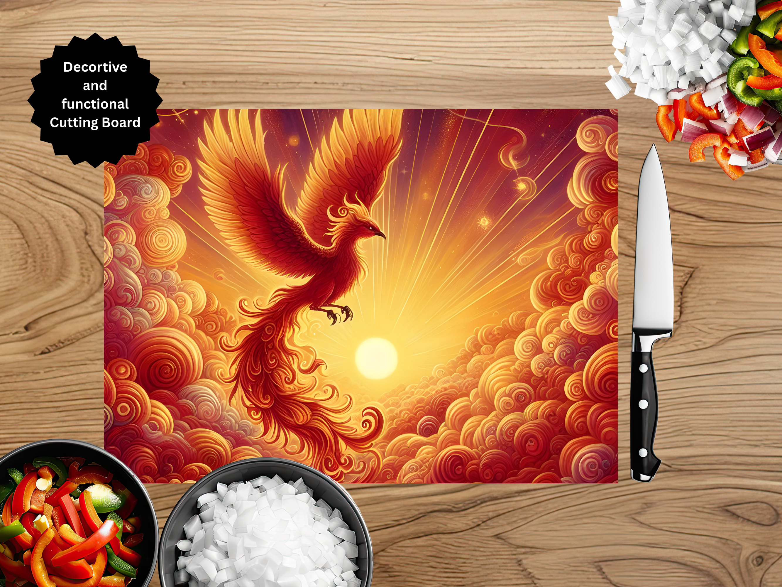 Phoenix Glass Cutting Board - Tempered Glass Kitchen Board with Fire Bird Design