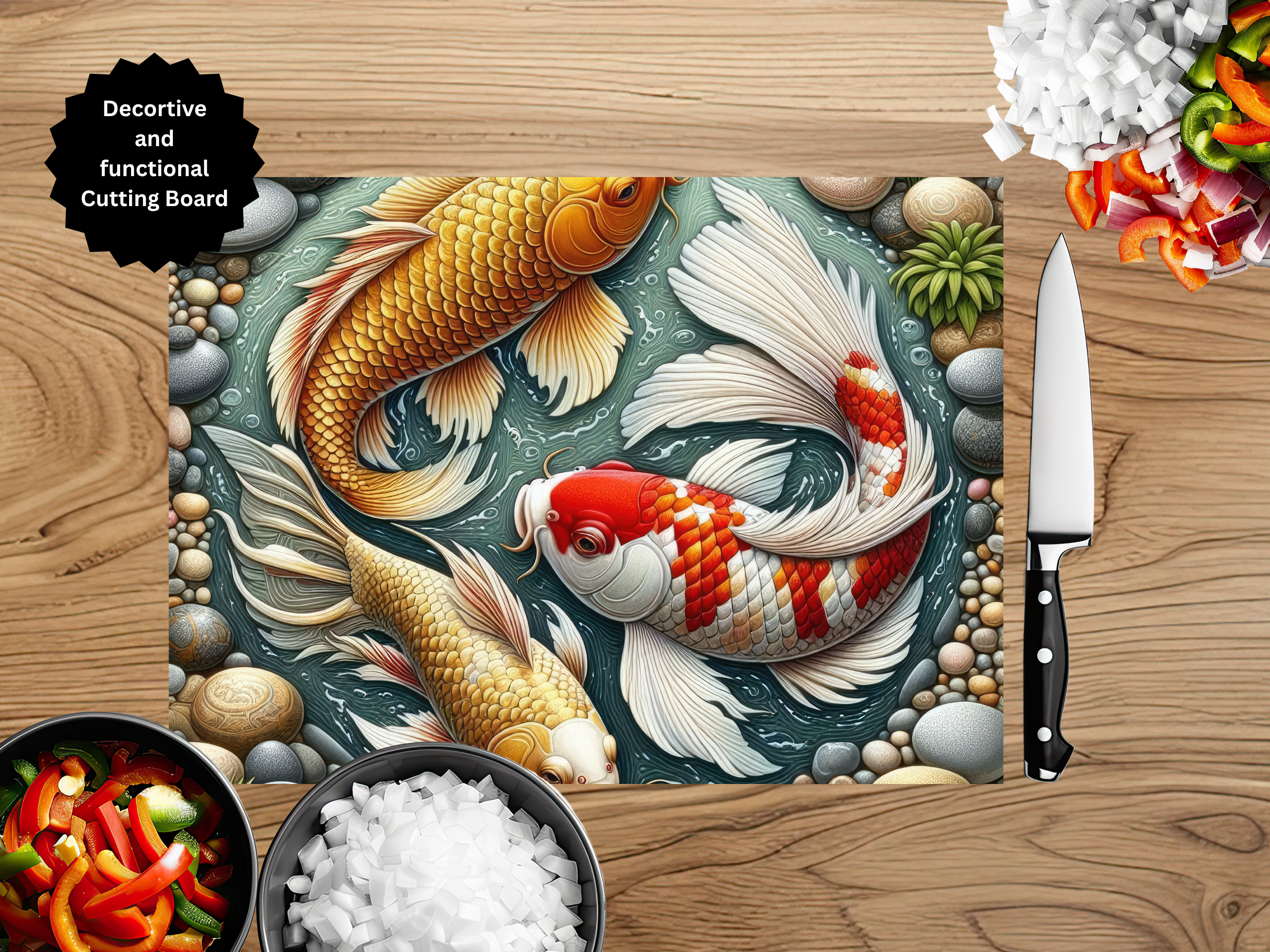 Koi Fish Glass Cutting Board - Tempered Glass Kitchen Board