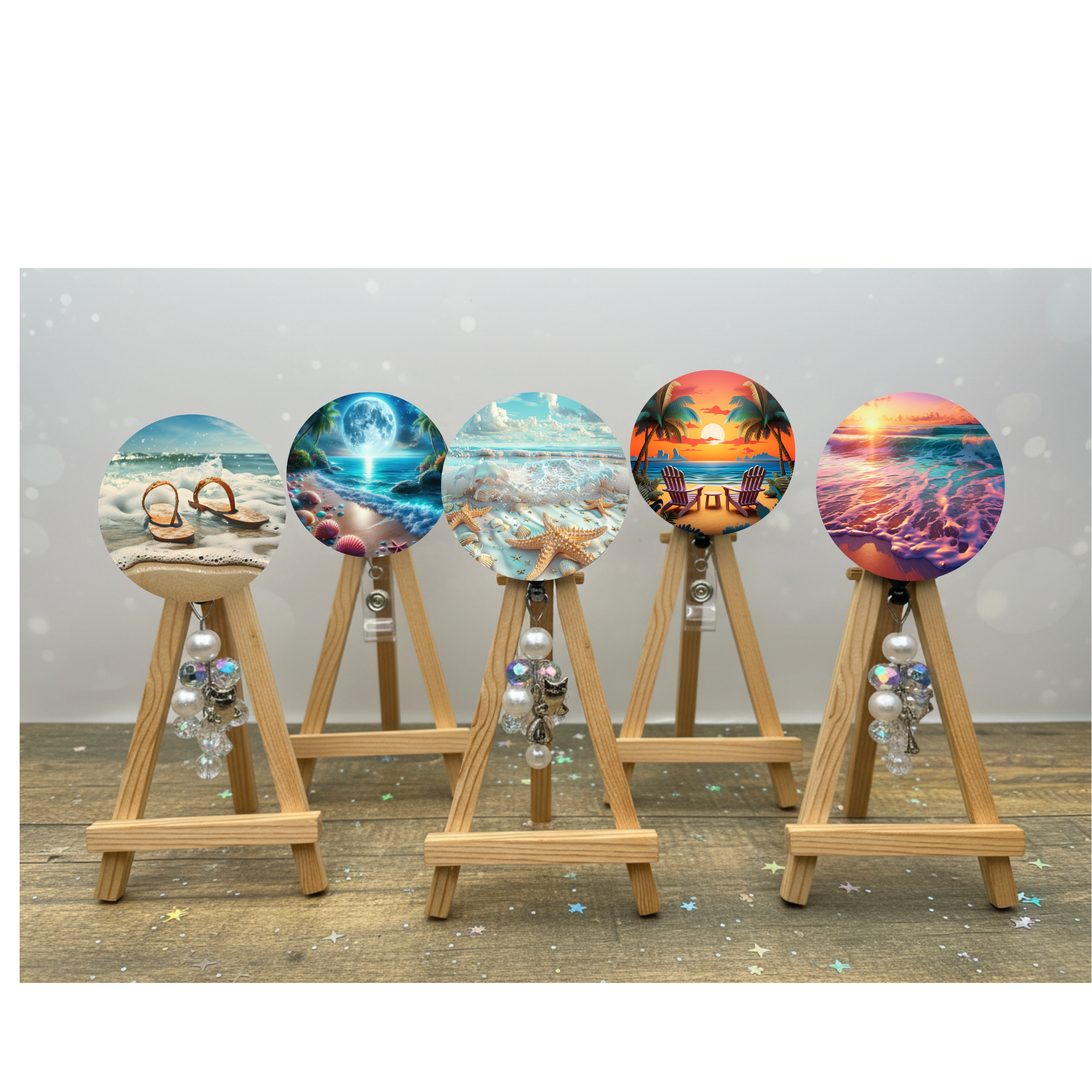 Beach badge pulls. Multiple Images available. Add beads or shimmer glitter options.