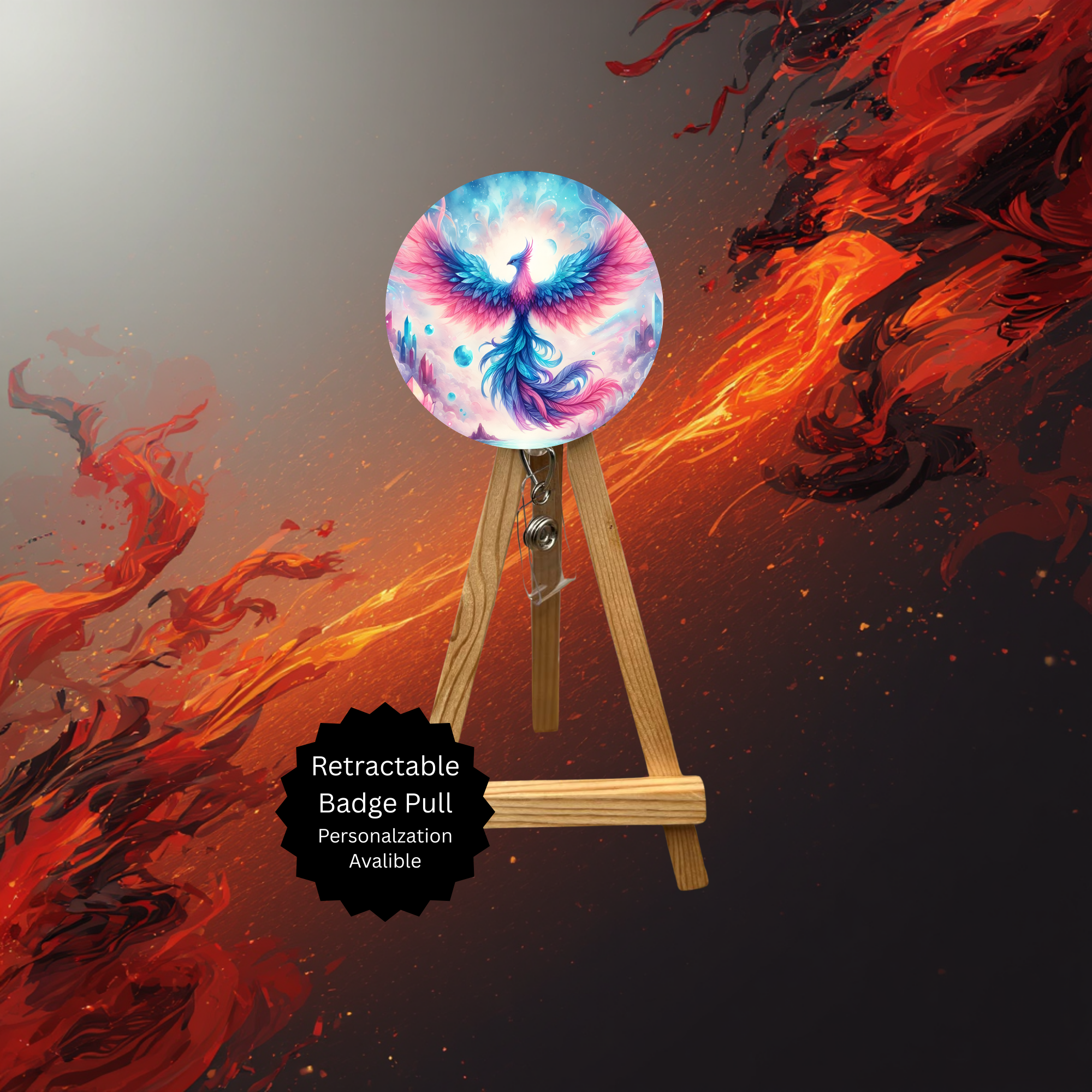 Phoenix Badge Pulls - Mythical Fire Bird ID Holder with Beads & Glitter Options