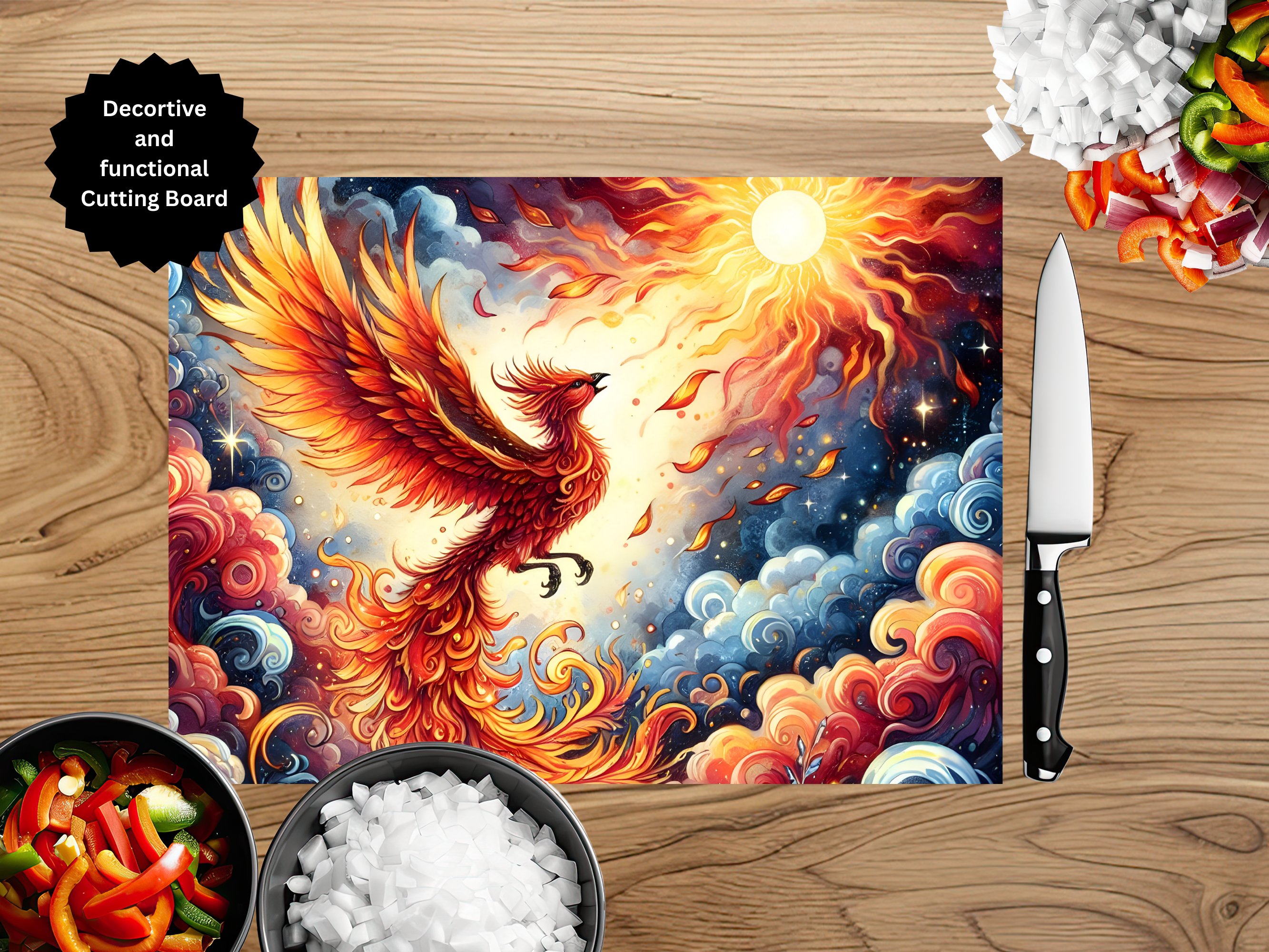 Phoenix Glass Cutting Board - Tempered Glass Kitchen Board with Fire Bird Design