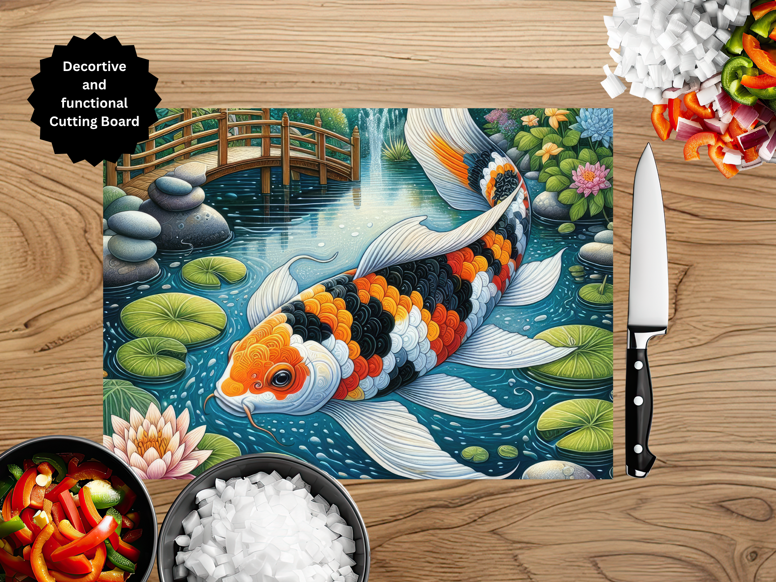Koi Fish Glass Cutting Board - Tempered Glass Kitchen Board