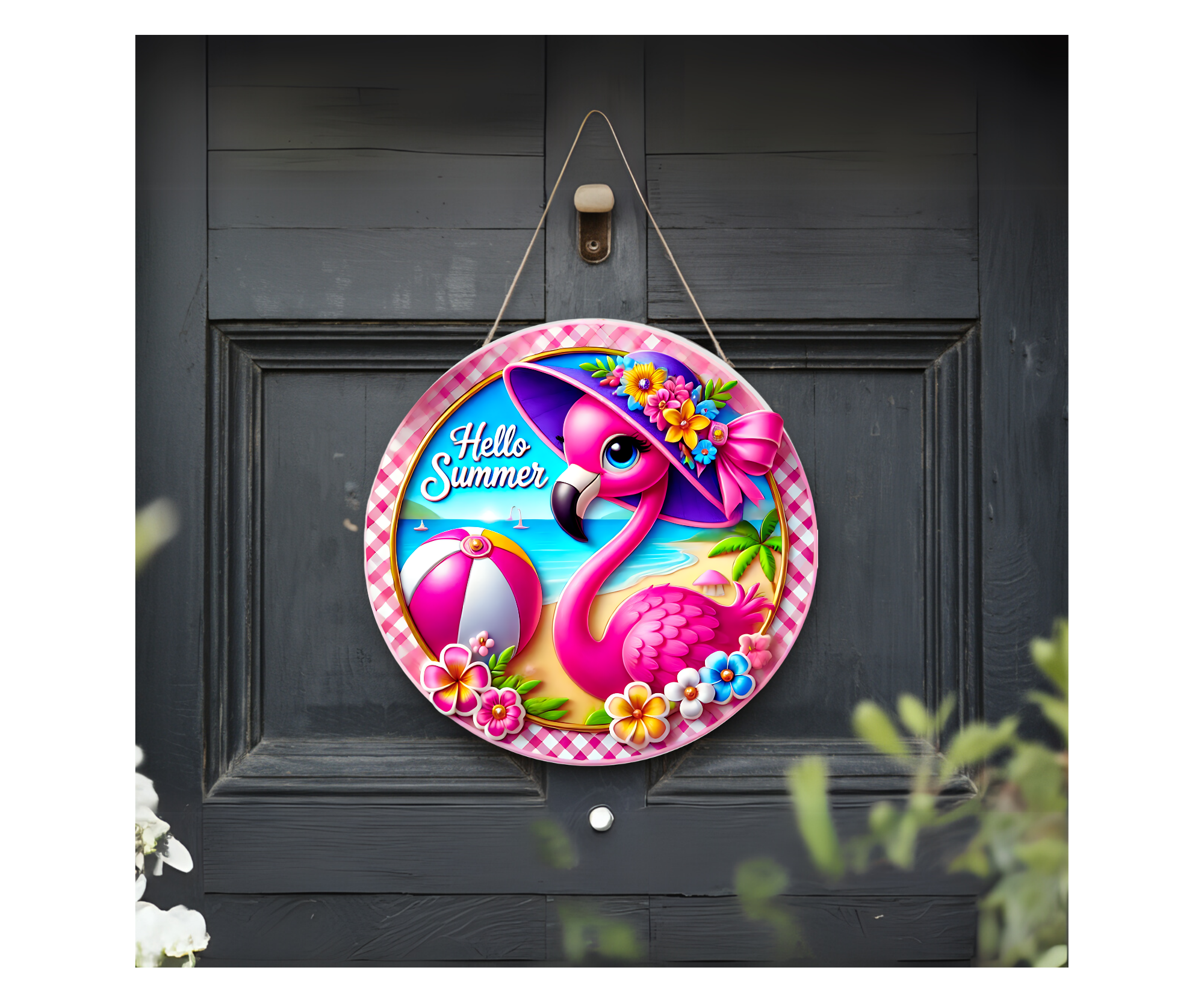 Home of the Flock Flamingo Door Signs, Multiple images options.