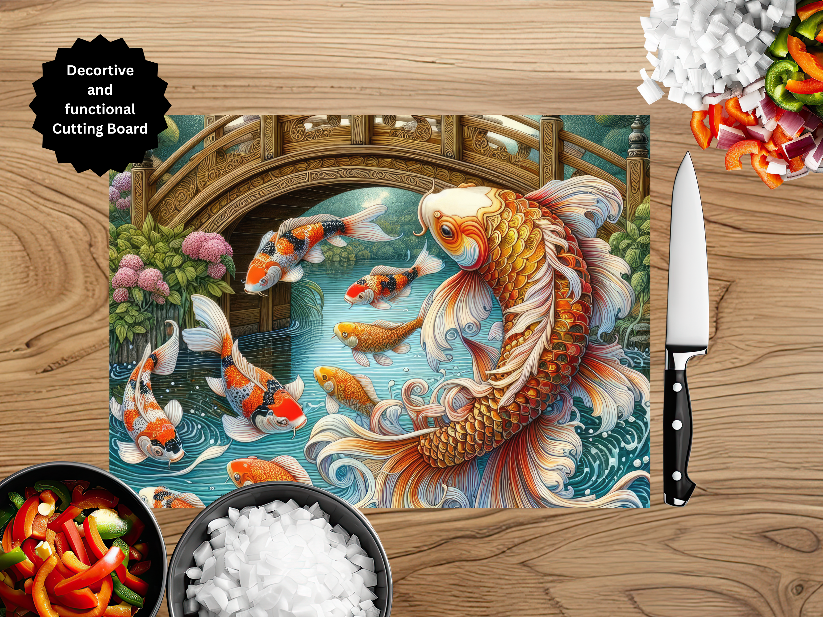 Koi Fish Glass Cutting Board - Tempered Glass Kitchen Board