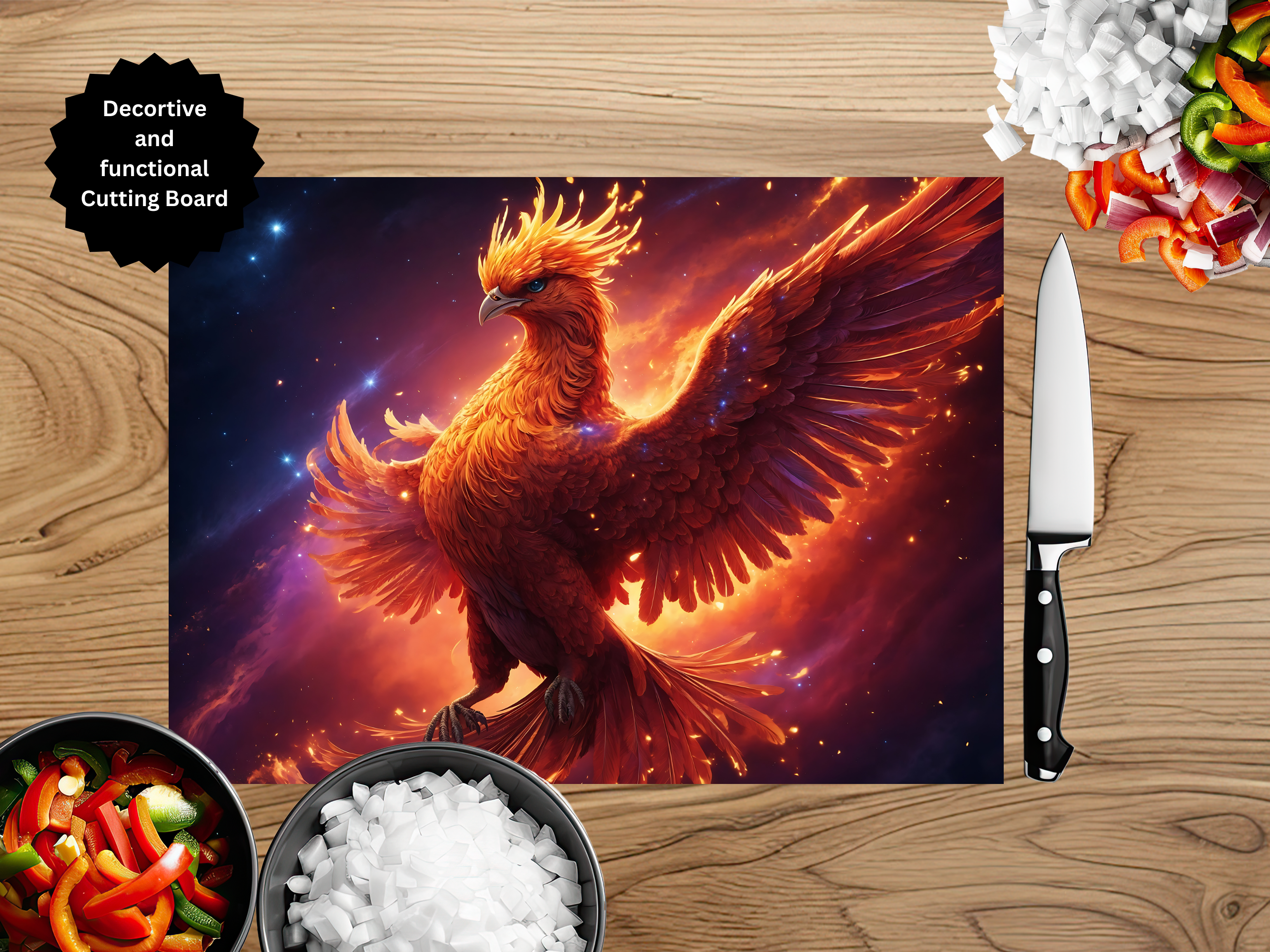 Phoenix Glass Cutting Board - Tempered Glass Kitchen Board with Fire Bird Design