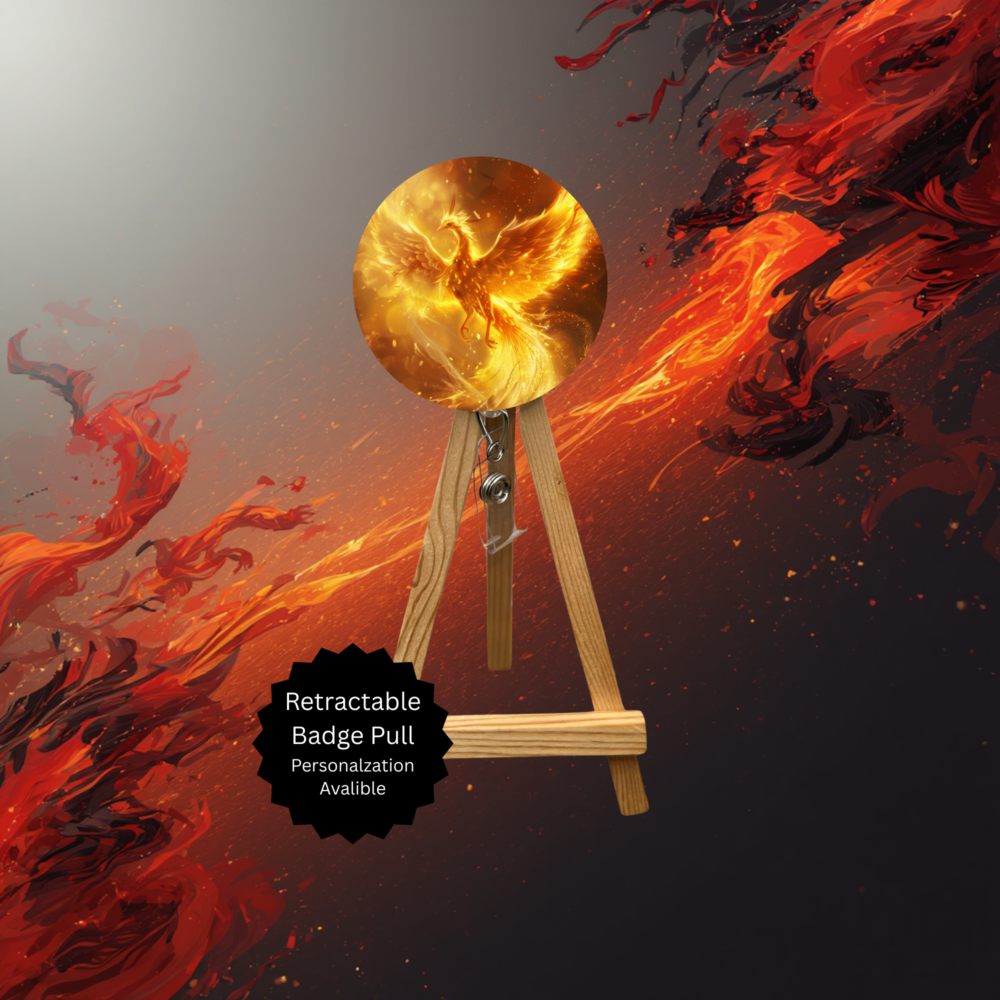 Phoenix Badge Pulls - Mythical Fire Bird ID Holder with Beads & Glitter Options