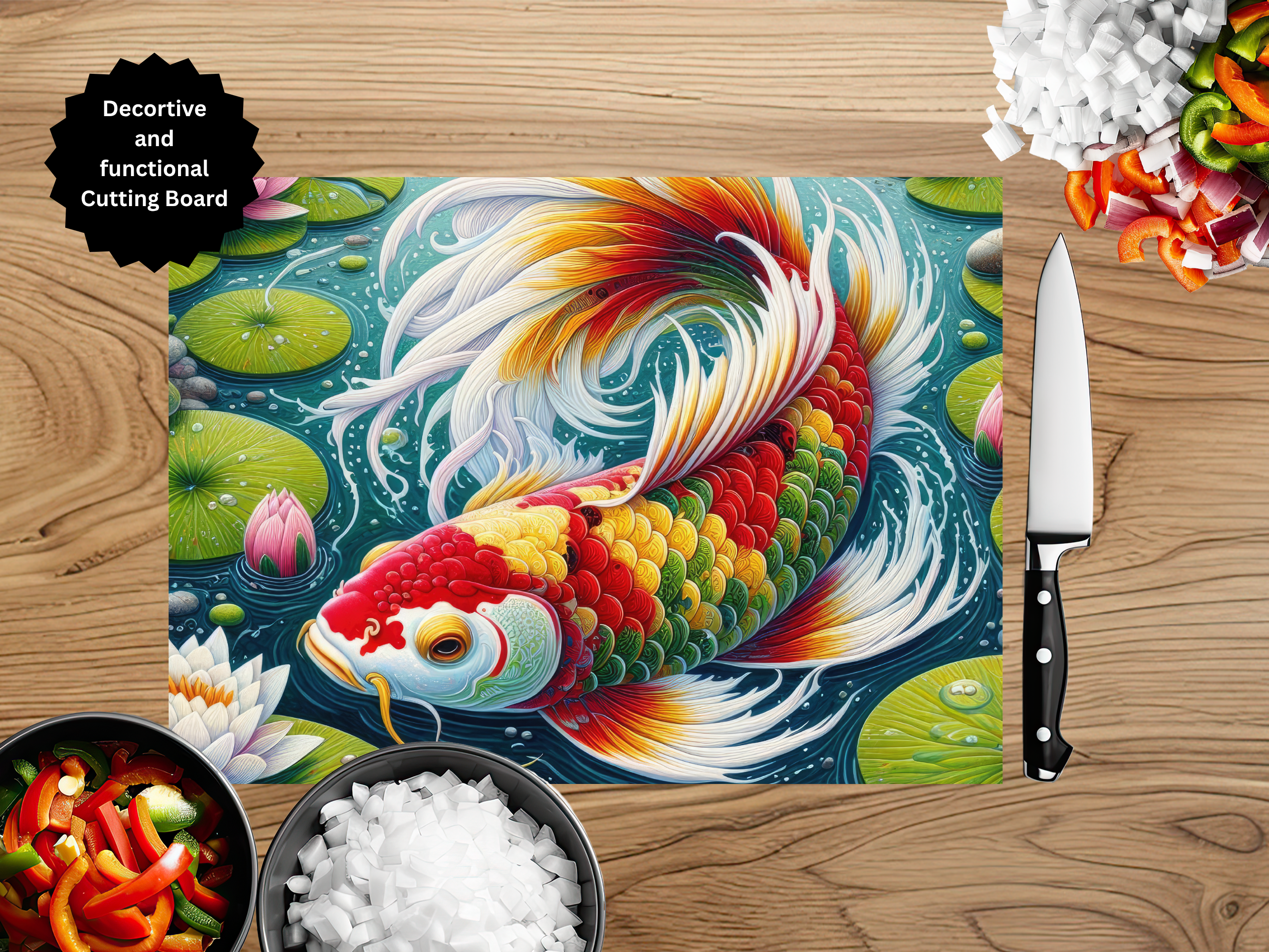 Koi Fish Glass Cutting Board - Tempered Glass Kitchen Board
