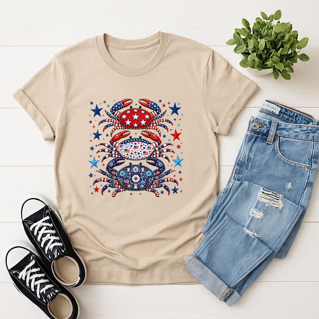 Patriotic Crab Graphic Tee | Funny 4th of July Coastal Shirt