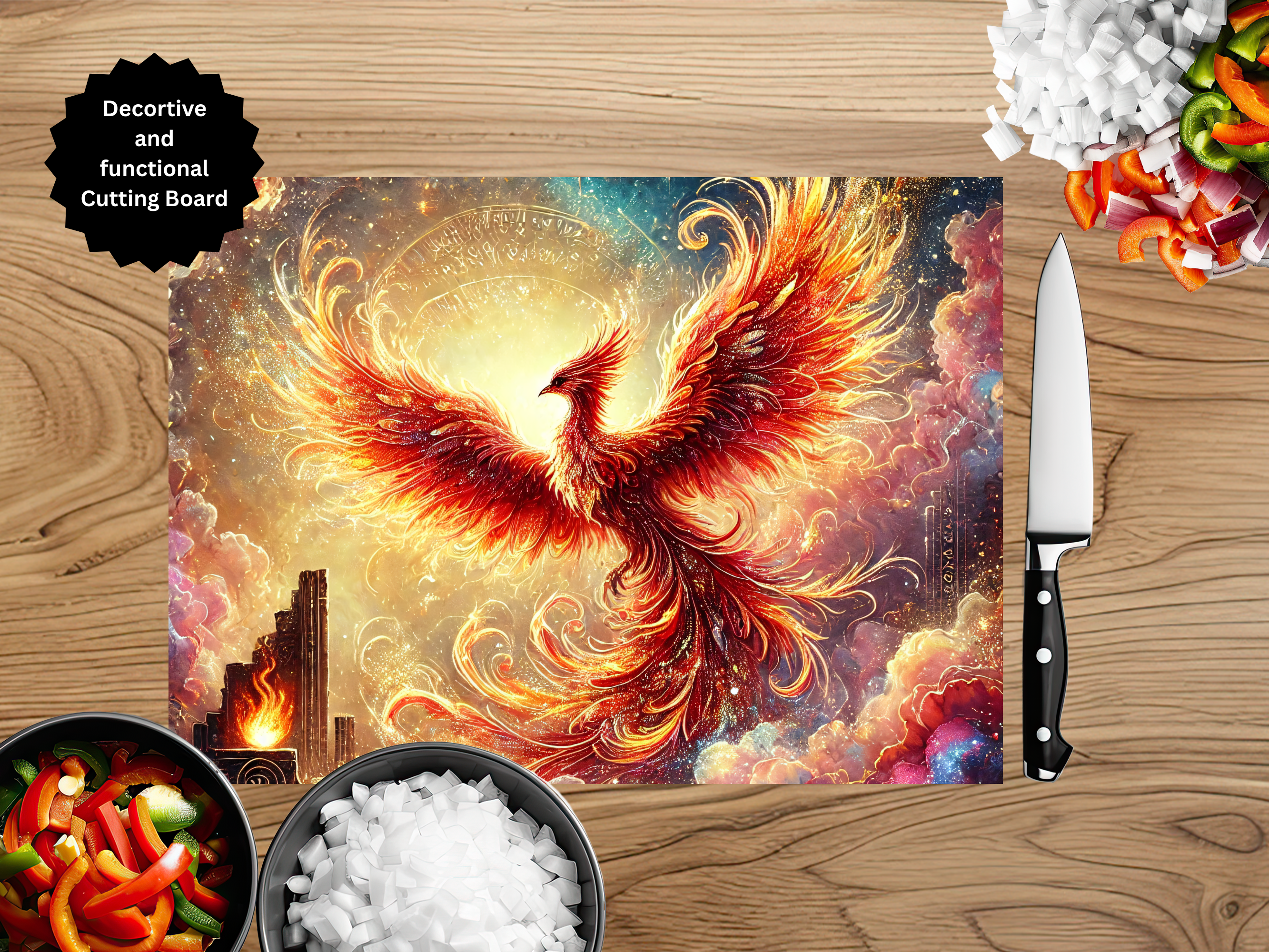 Phoenix Glass Cutting Board - Tempered Glass Kitchen Board with Fire Bird Design